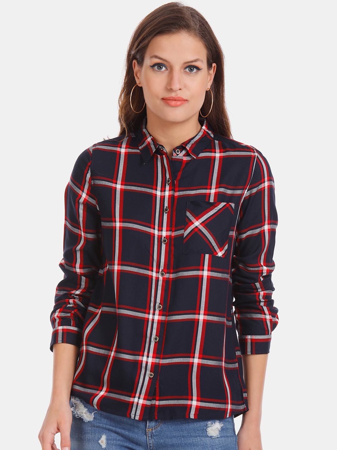 

Cherokee Women Navy Blue & Red Regular Fit Checked Casual Shirt