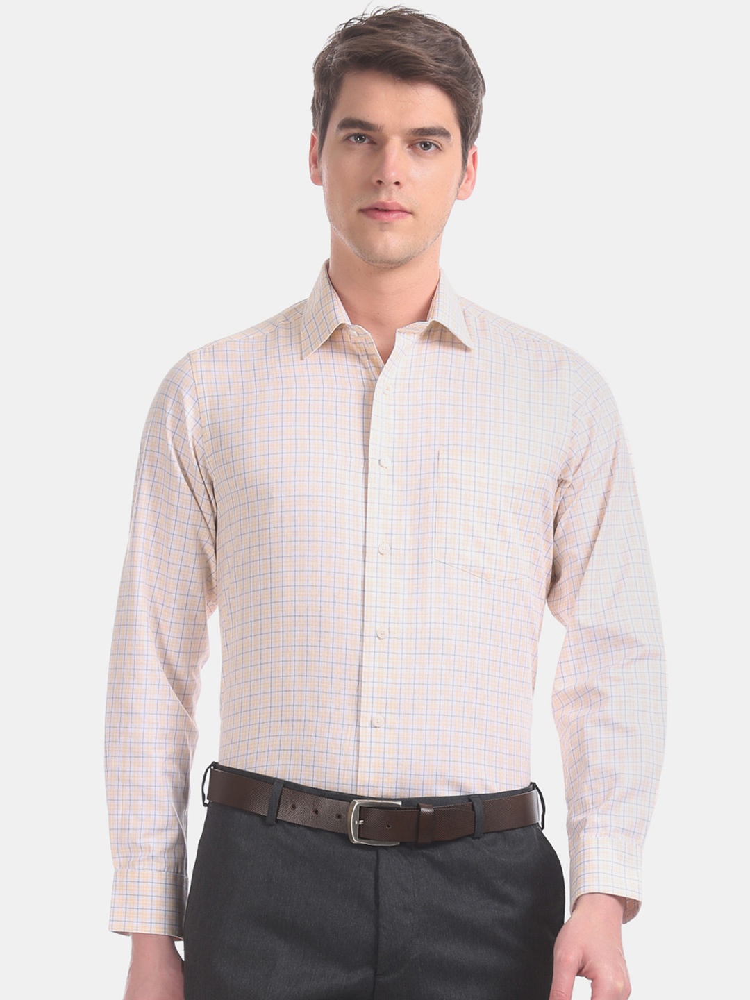 

Arrow Men Peach-Coloured & White Regular Fit Checked Formal Shirt