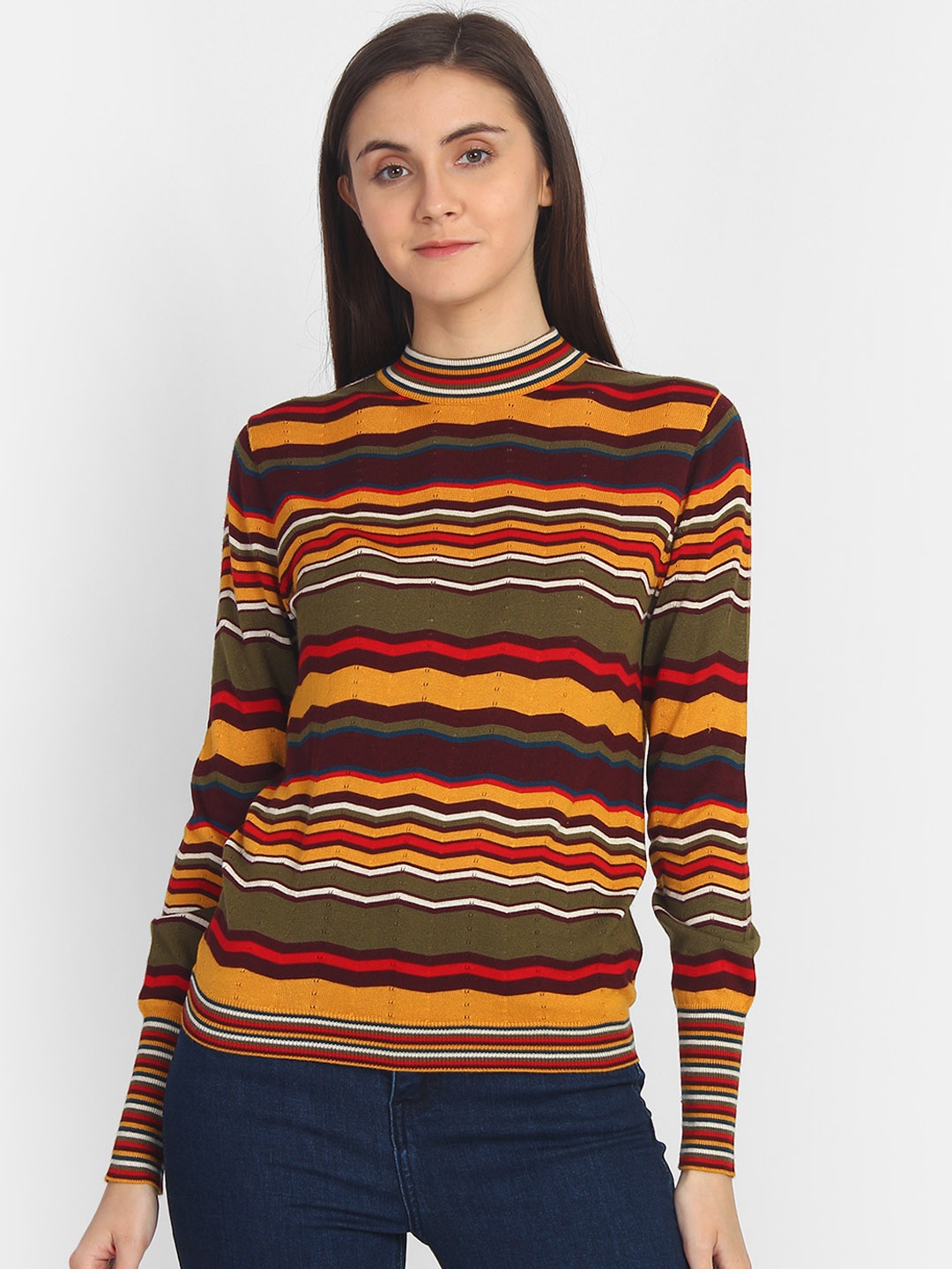 

COVER STORY Women Multicoloured Striped Pullover Sweater, Multi