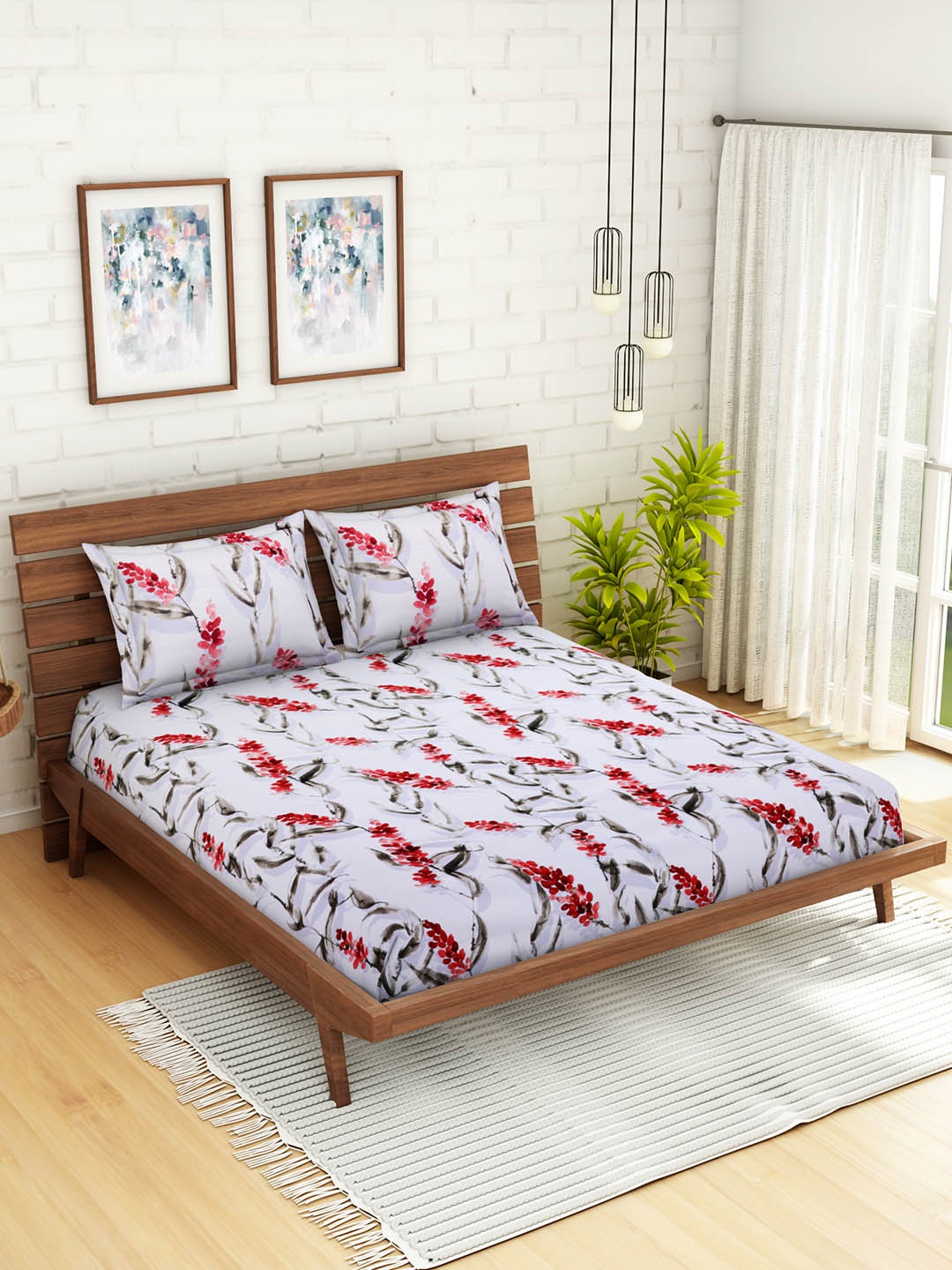 

WELHOME White & Red Floral 200 TC Polyester 1 Queen Bedsheet with 2 Pillow Covers