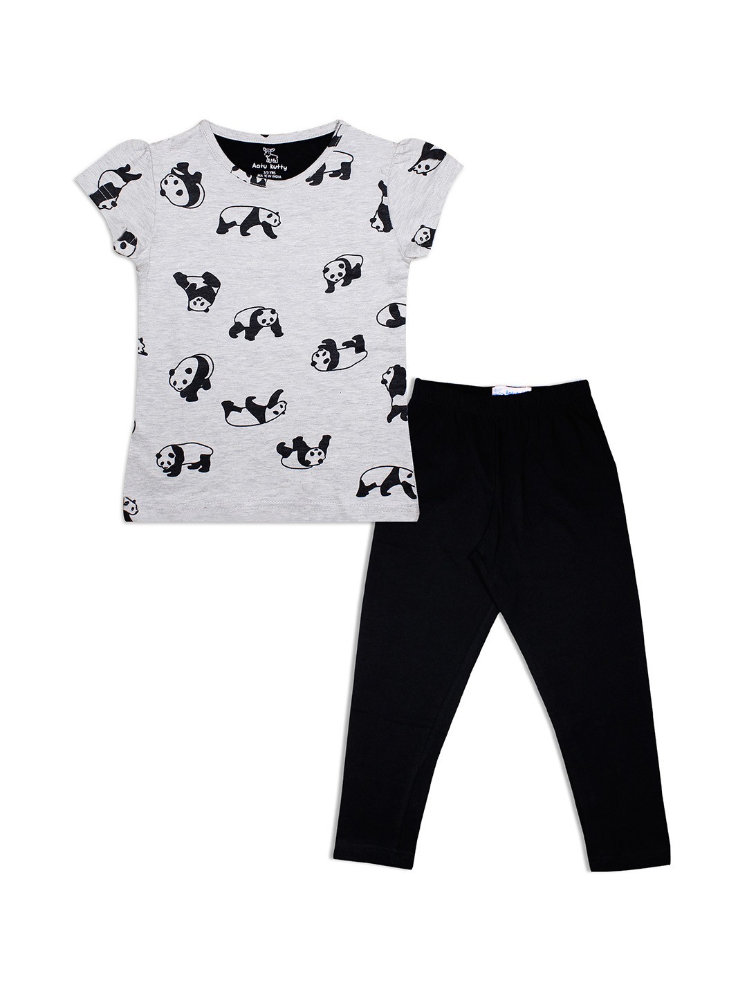 

Aatu Kutty Girls Grey Melange & Black Printed Top with Leggings