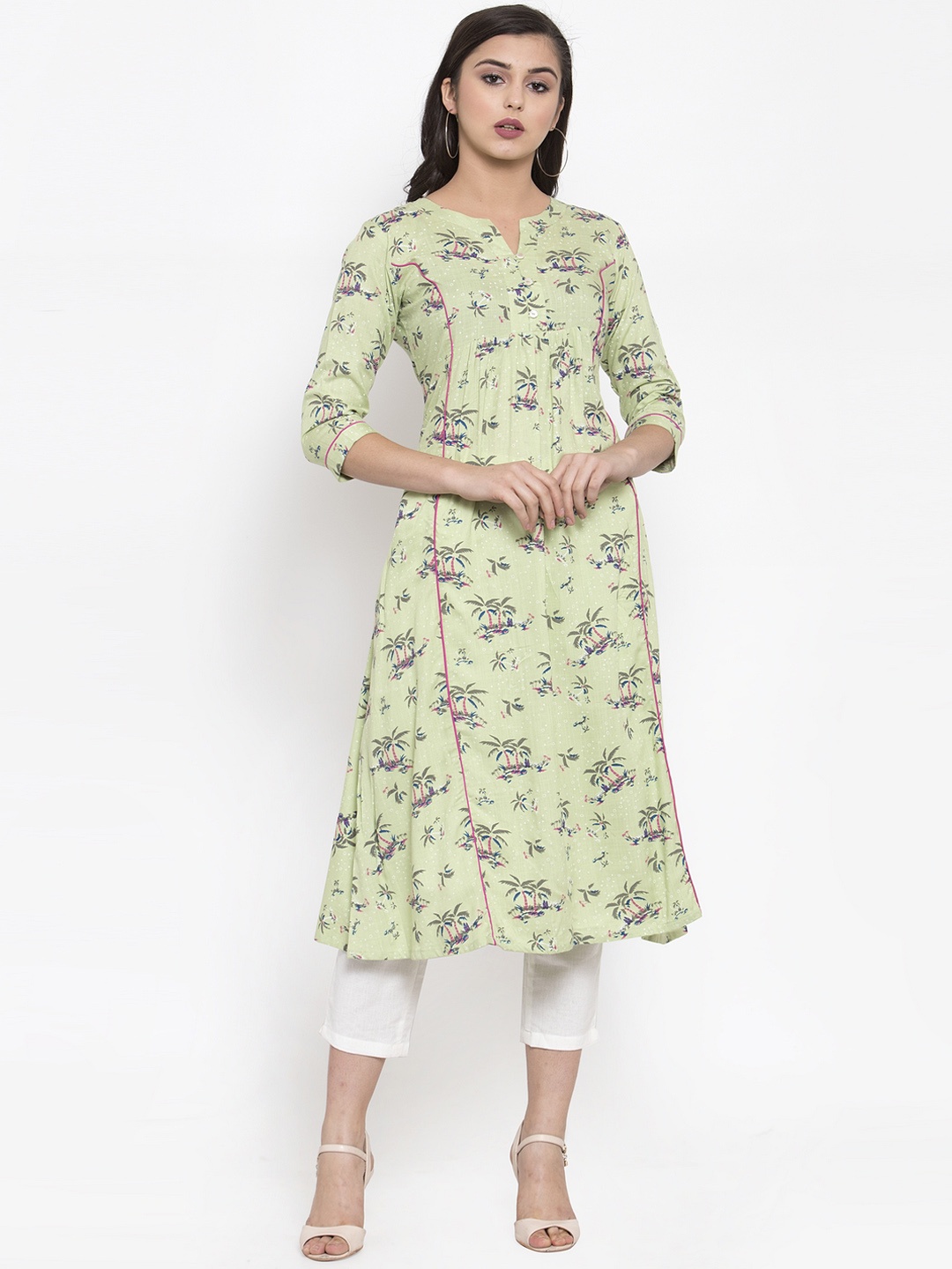 

Indibelle Women Green & White Screen Print Kurta with Trousers