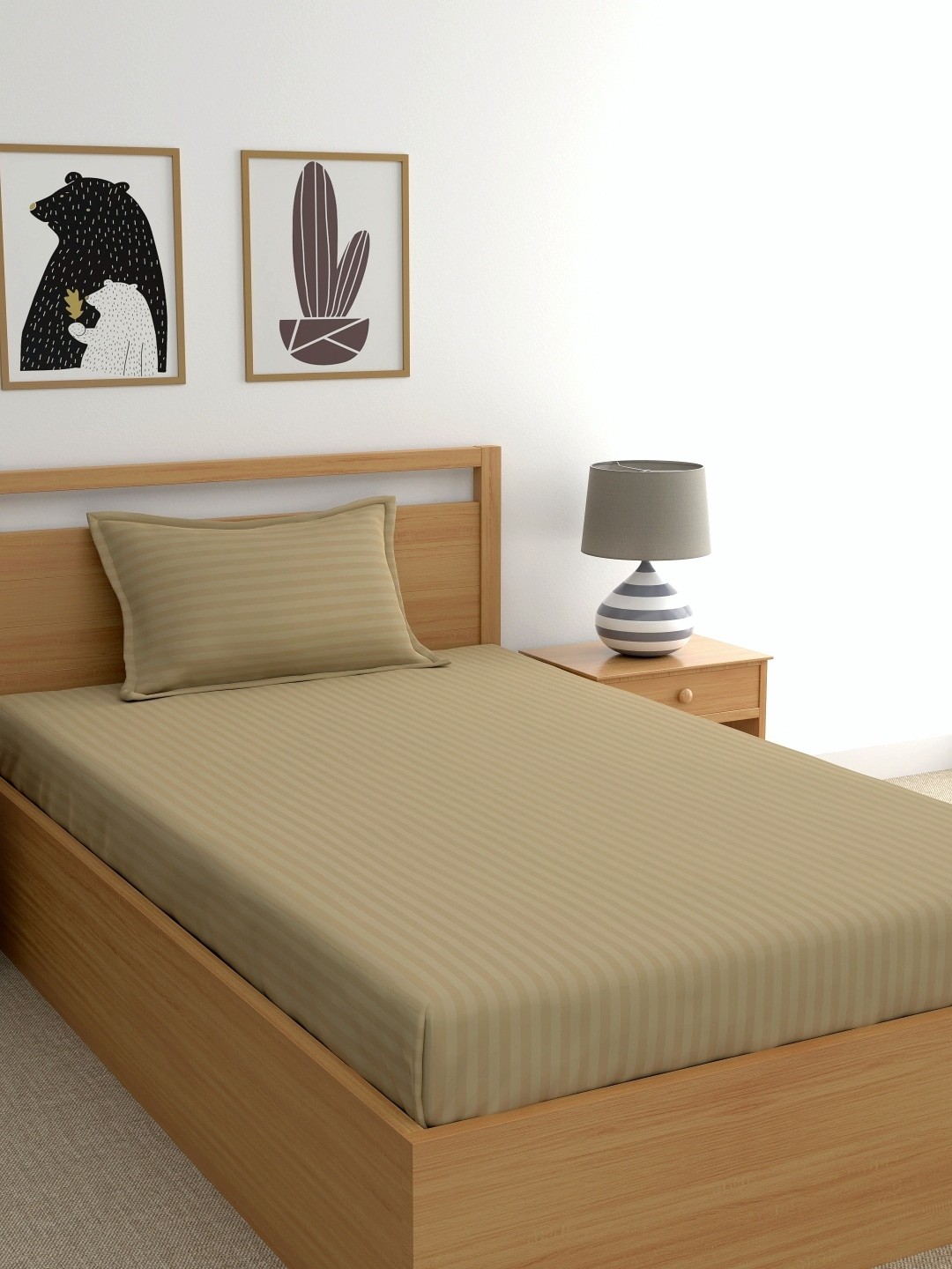 

Dreamscape Khaki Striped 220 TC Cotton 1 Single Bedsheet with 1 Pillow Covers