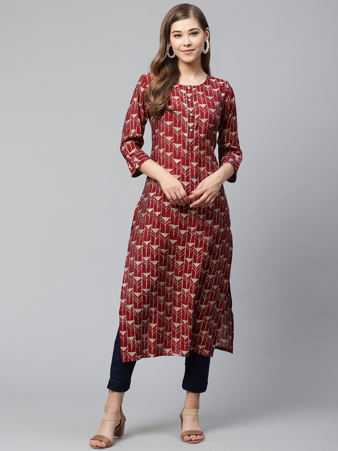 

Cayman Women Maroon & Beige Printed A-Line Kurta