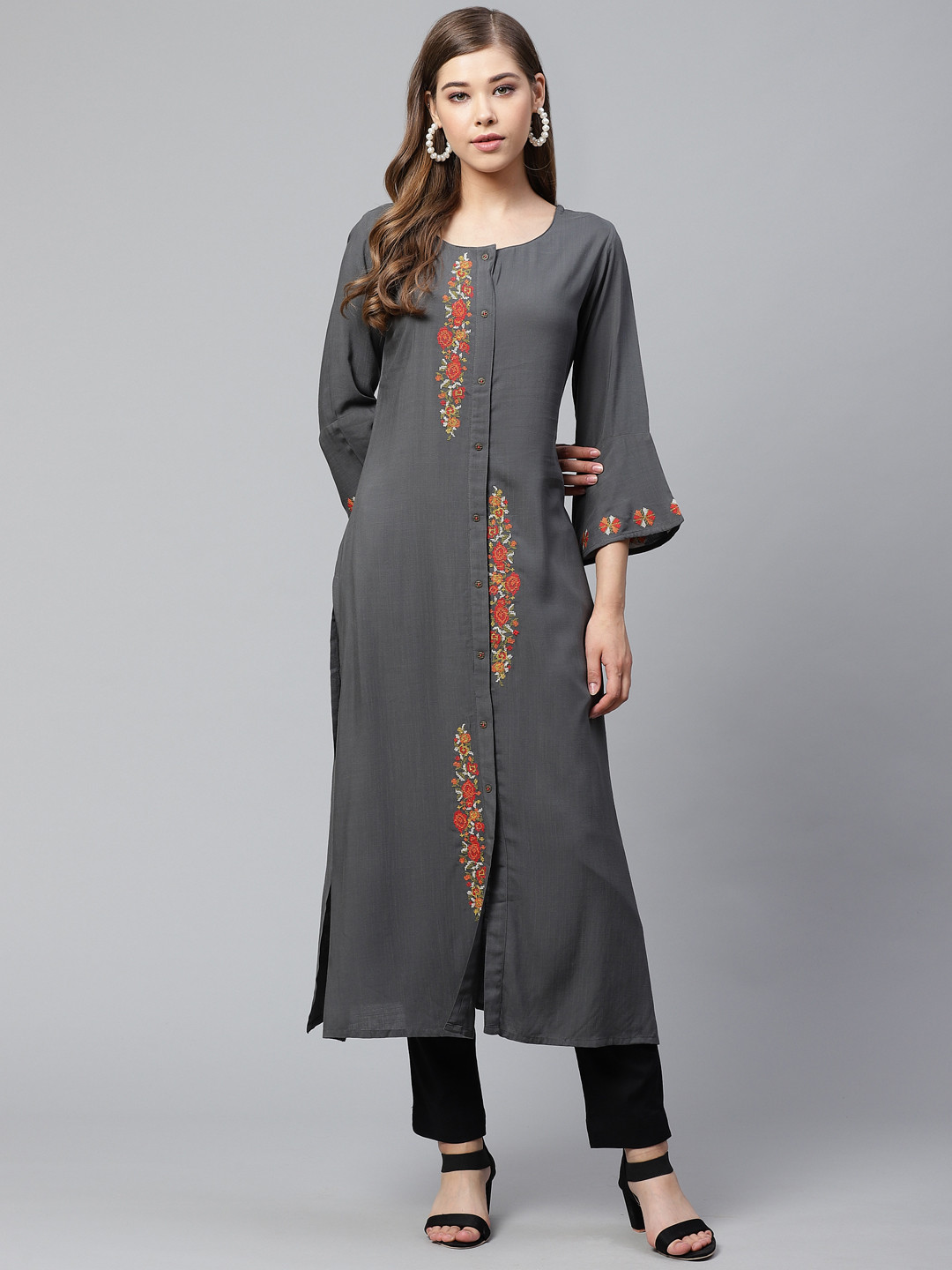 

Cayman Women Charcoal Grey Embroidered Straight Kurta