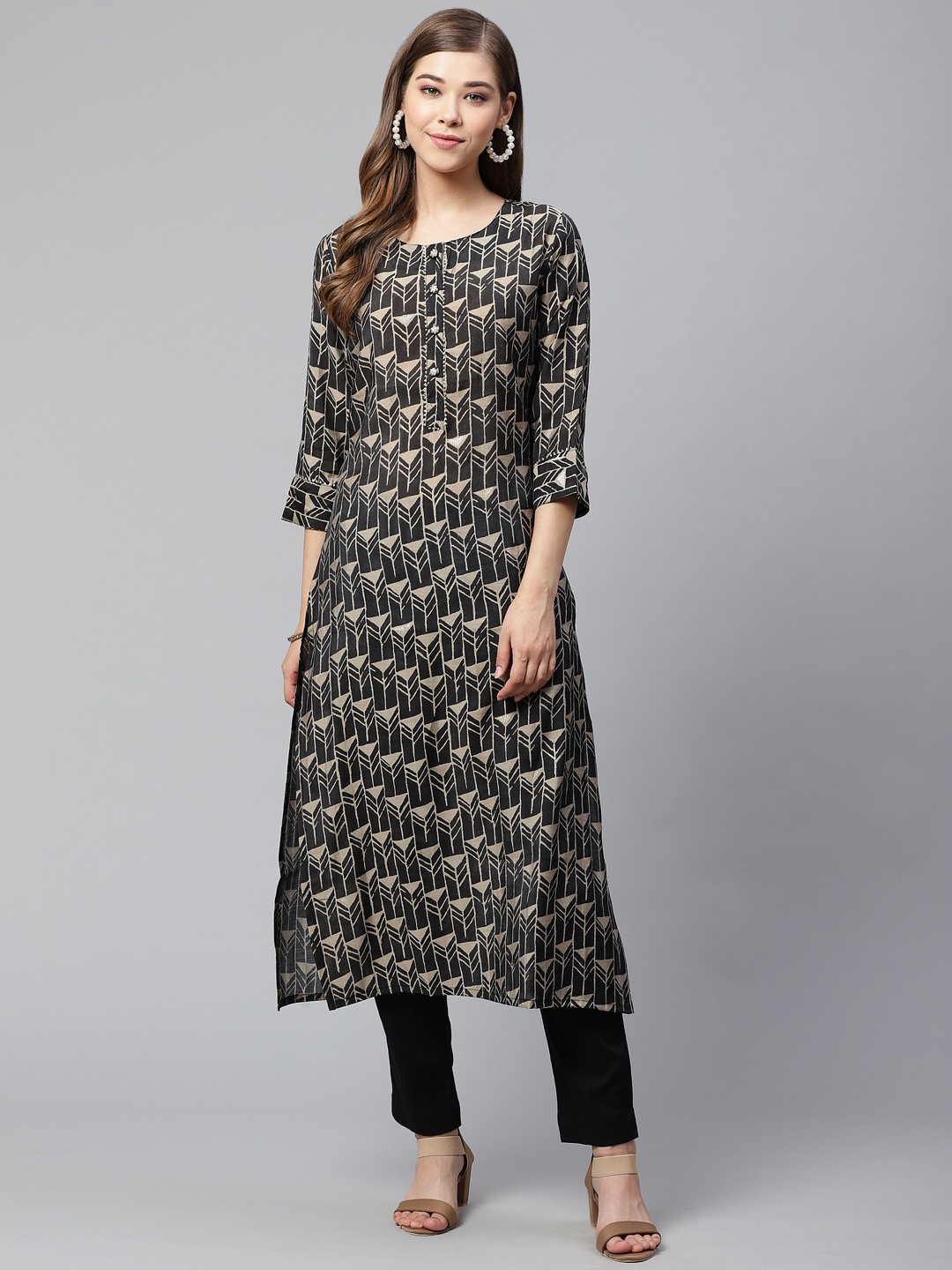

Cayman Women Black & Beige Printed A-Line Kurta