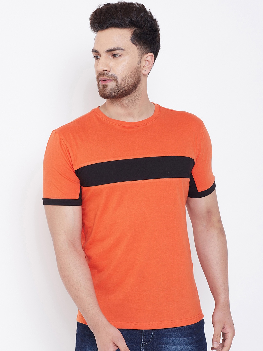 

GRITSTONES Men Orange & Black Colourblocked Round Neck T-shirt