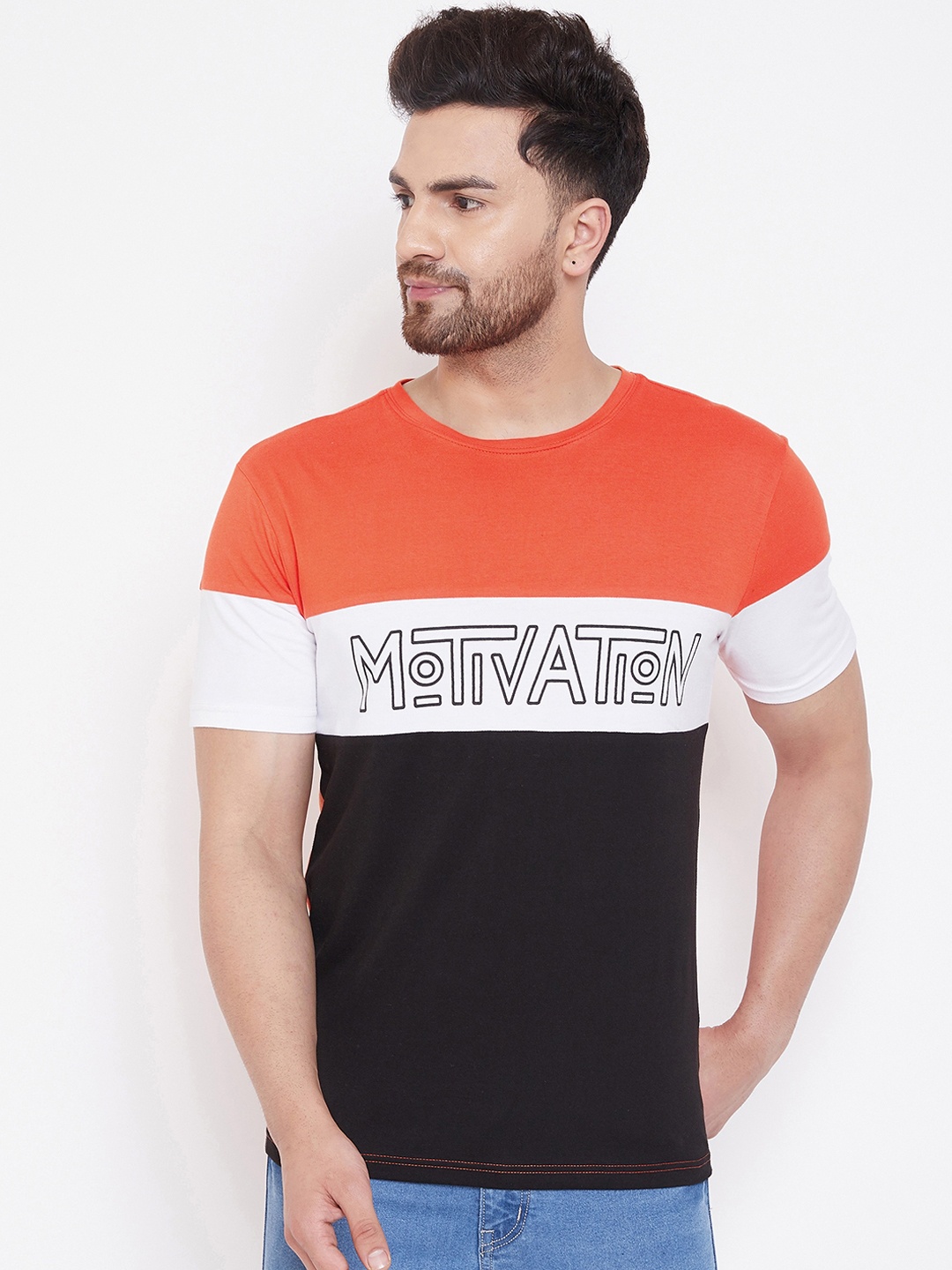 

GRITSTONES Men Orange & White Colourblocked Round Neck T-shirt