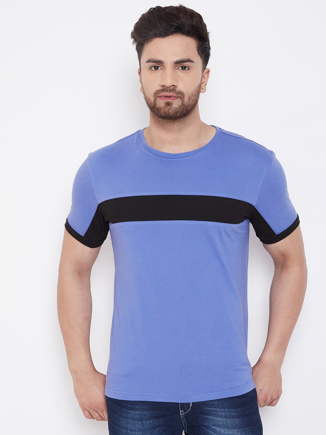 

GRITSTONES Men Blue & Black Colourblocked Round Neck T-shirt