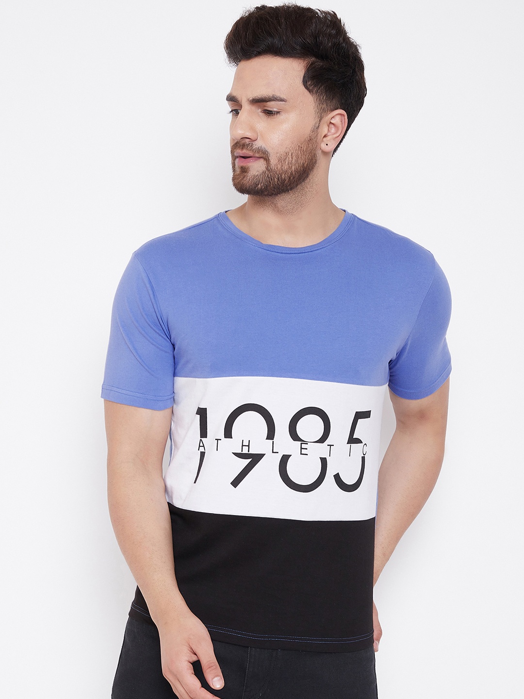 

GRITSTONES Men Blue & White Colourblocked Round Neck T-shirt