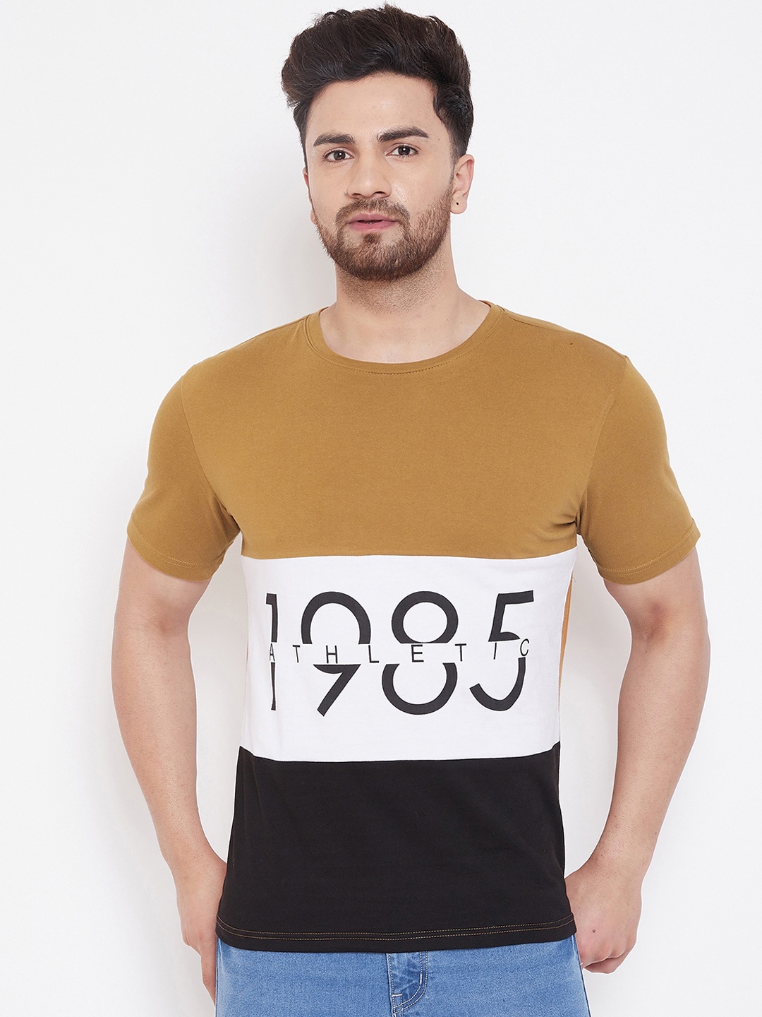 

GRITSTONES Men Khaki & White Colourblocked Round Neck T-shirt
