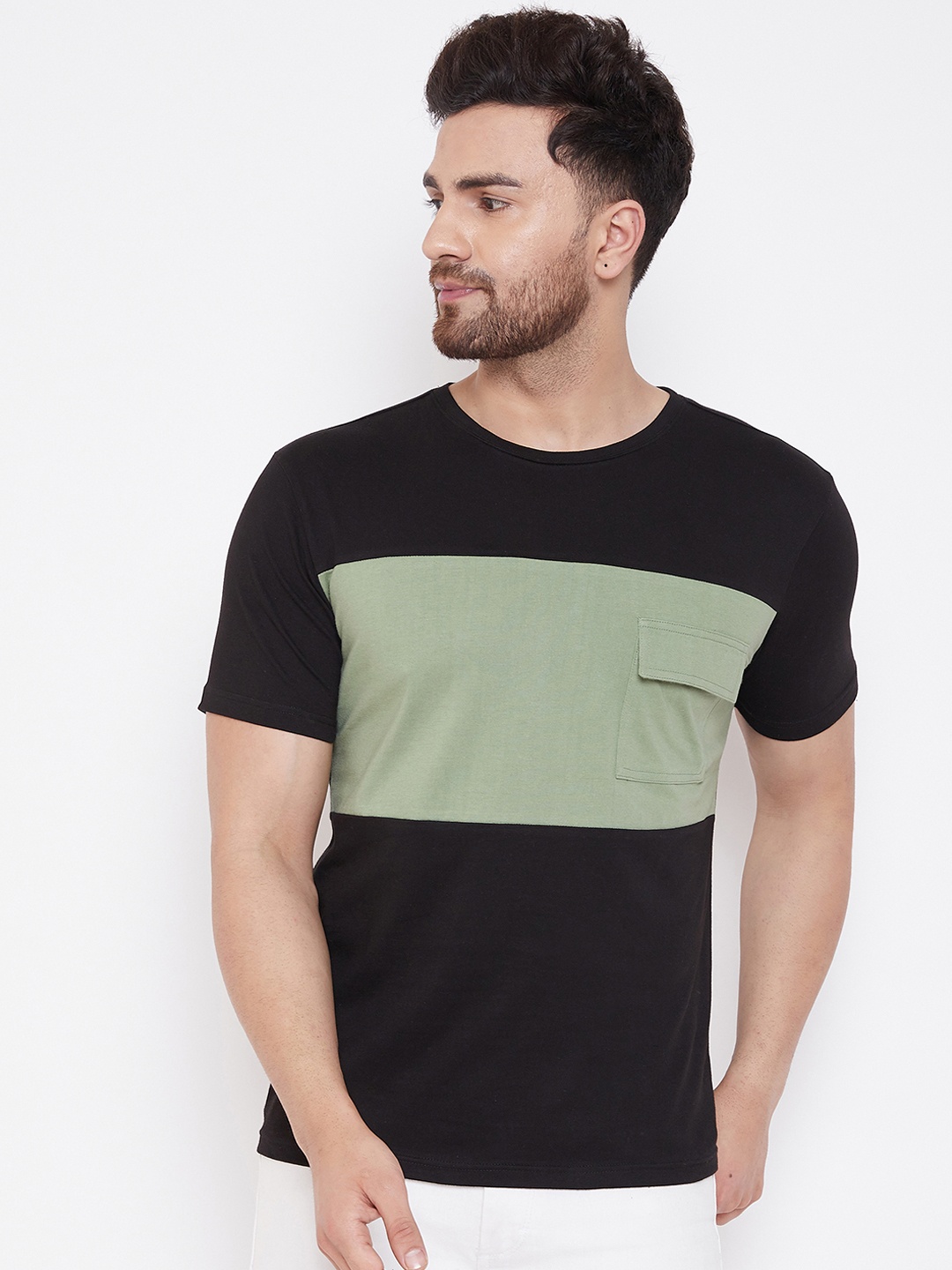 

GRITSTONES Men Black & Sea Green Colourblocked Round Neck T-shirt