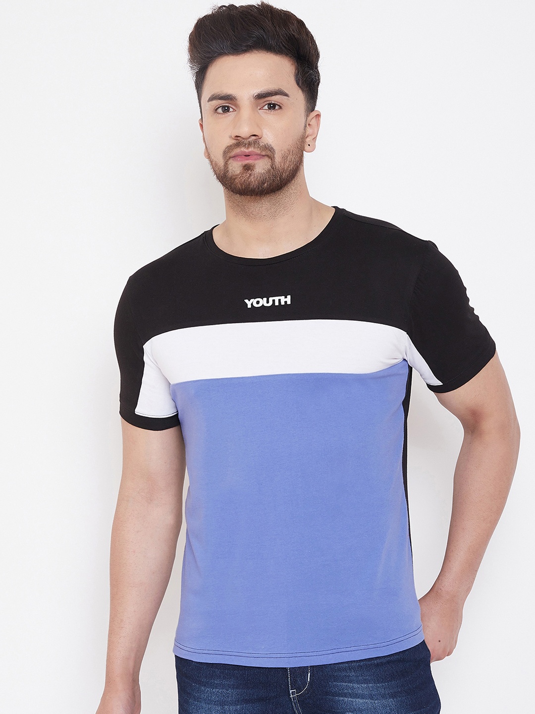 

GRITSTONES Men Black & Blue Colourblocked Round Neck T-shirt