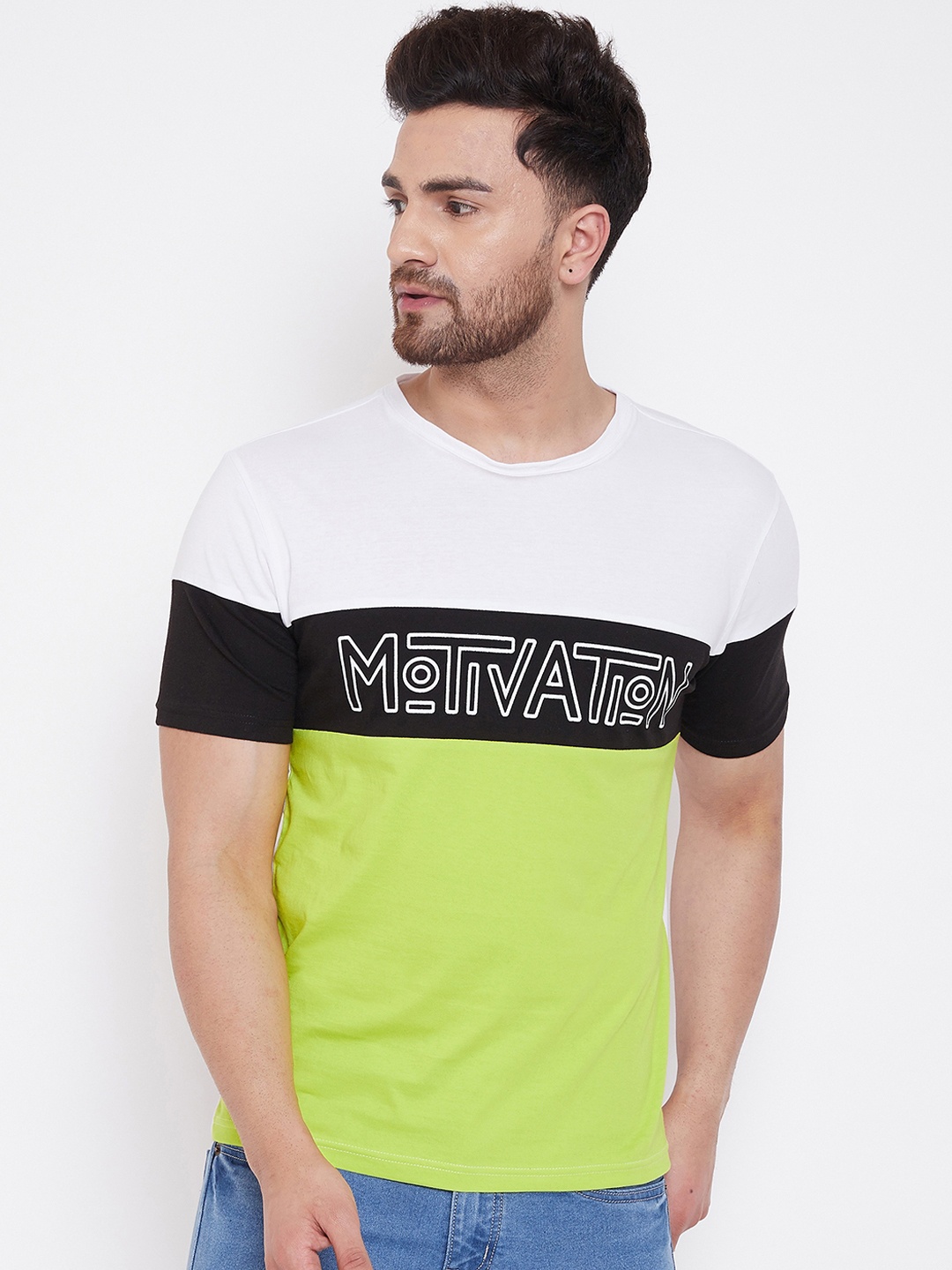 

GRITSTONES Men White Colourblocked Round Neck T-shirt