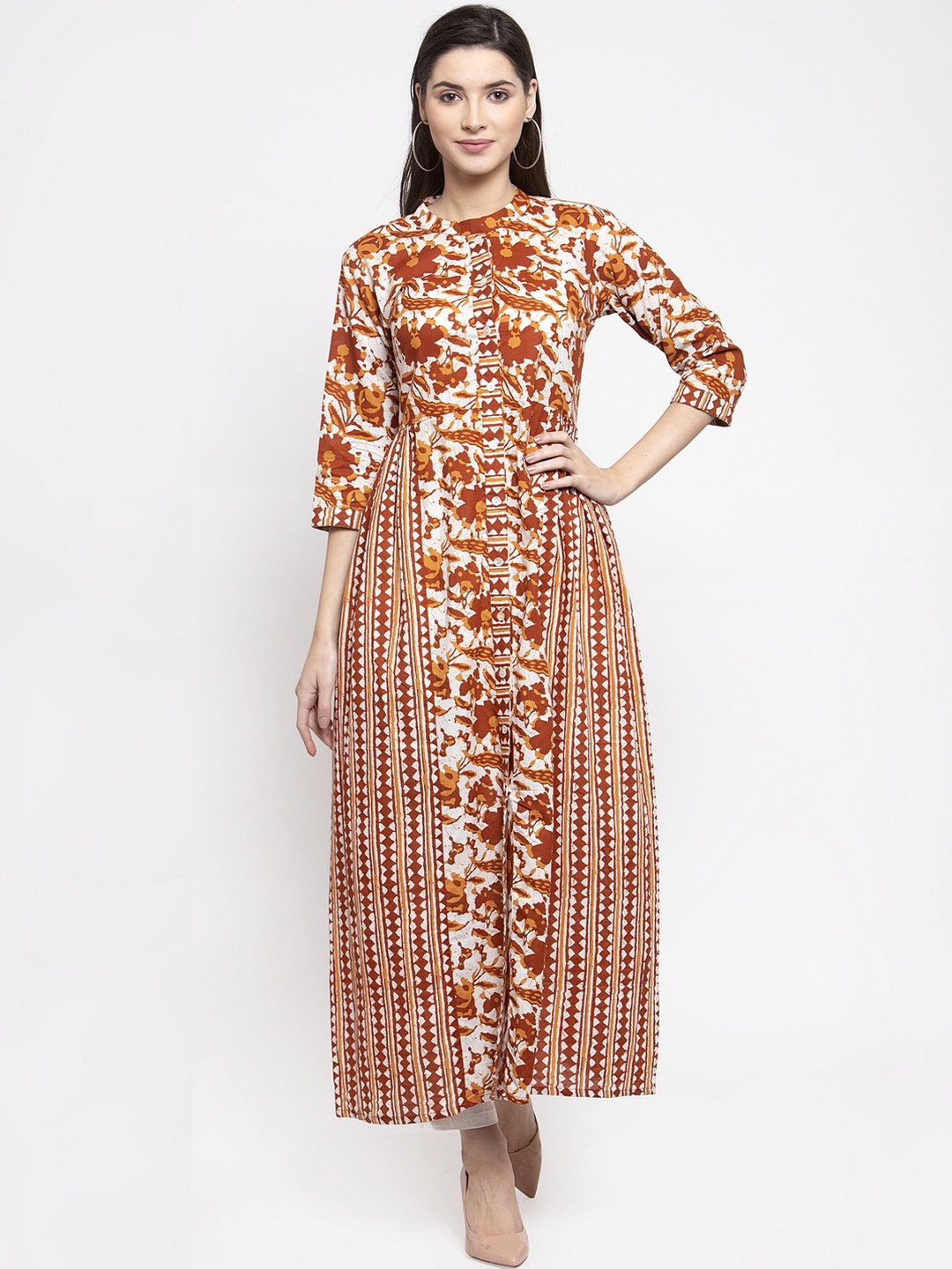 

Indibelle Women Brown & White Printed Anarkali Kurta