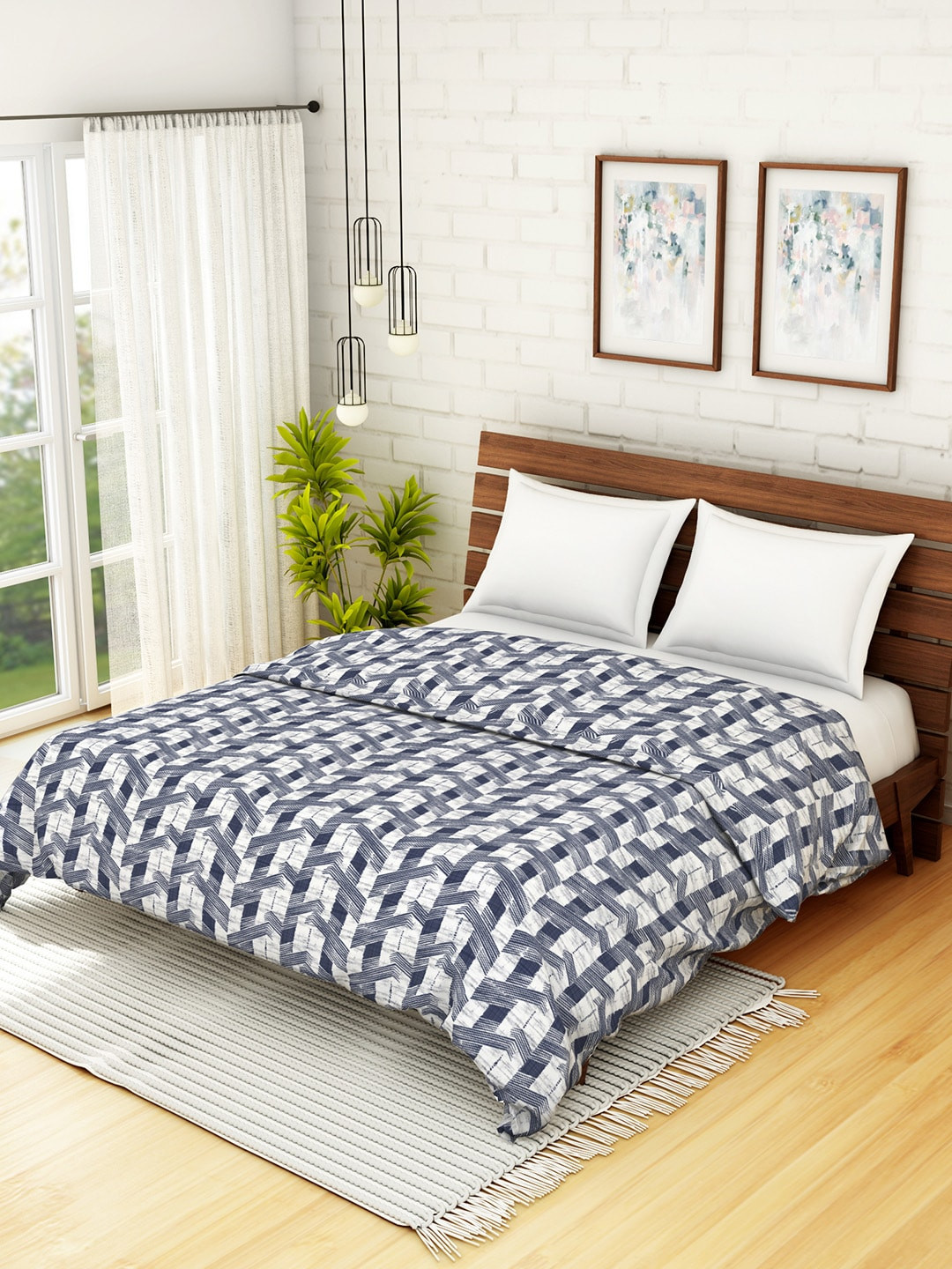 

SPACES Blue & White Geometric AC Room 235 GSM Double Bed Dohar