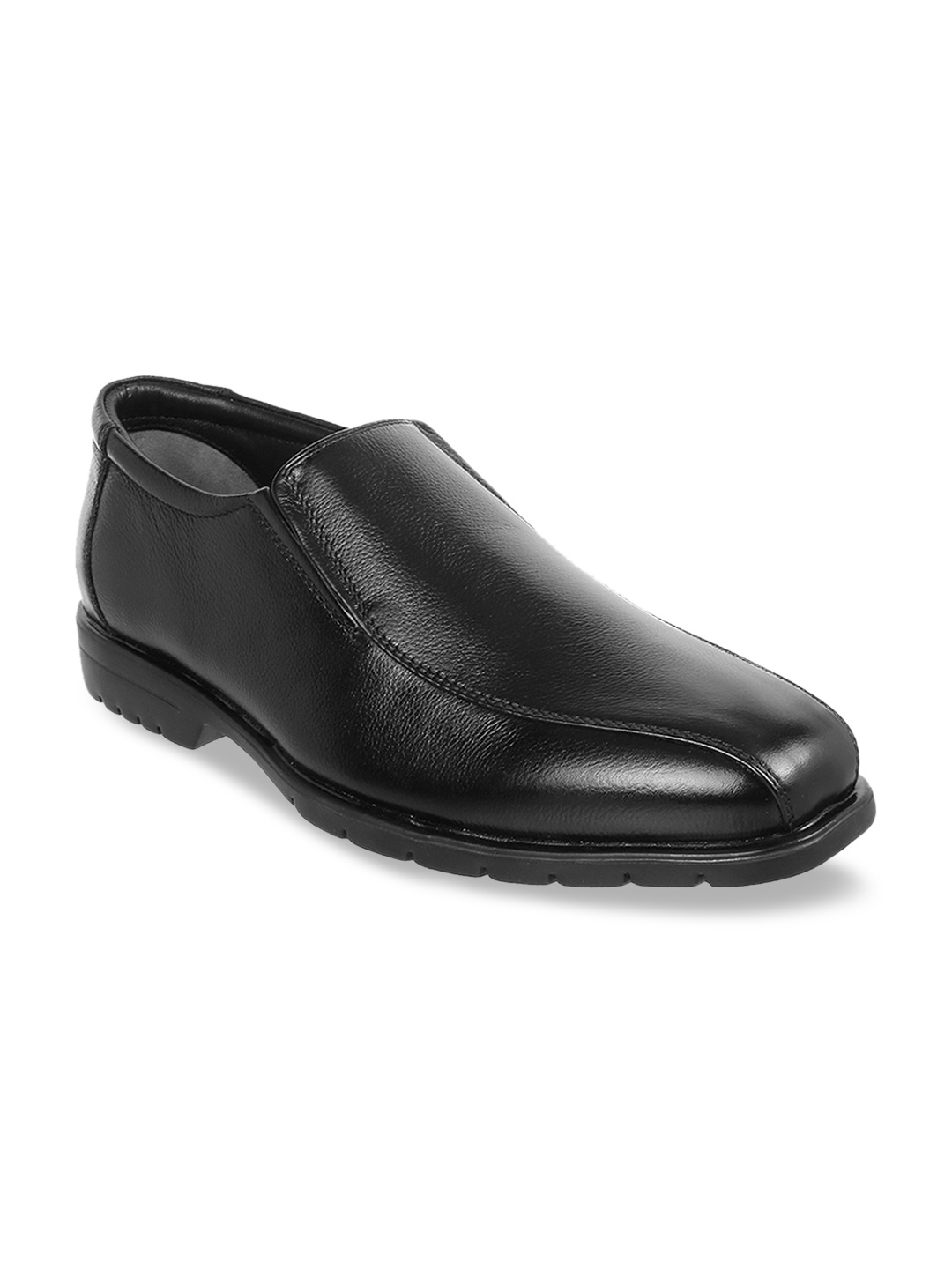 

Mochi Men Black Solid Leather Formal Slip-Ons