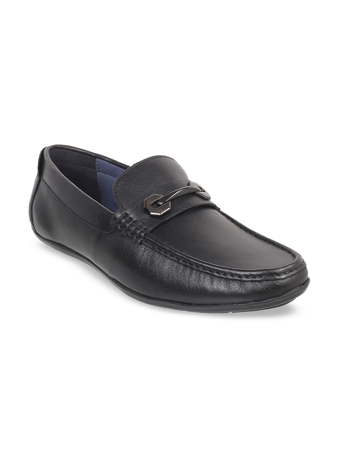 

Mochi Men Black Solid Leather Formal Horsebit Loafers