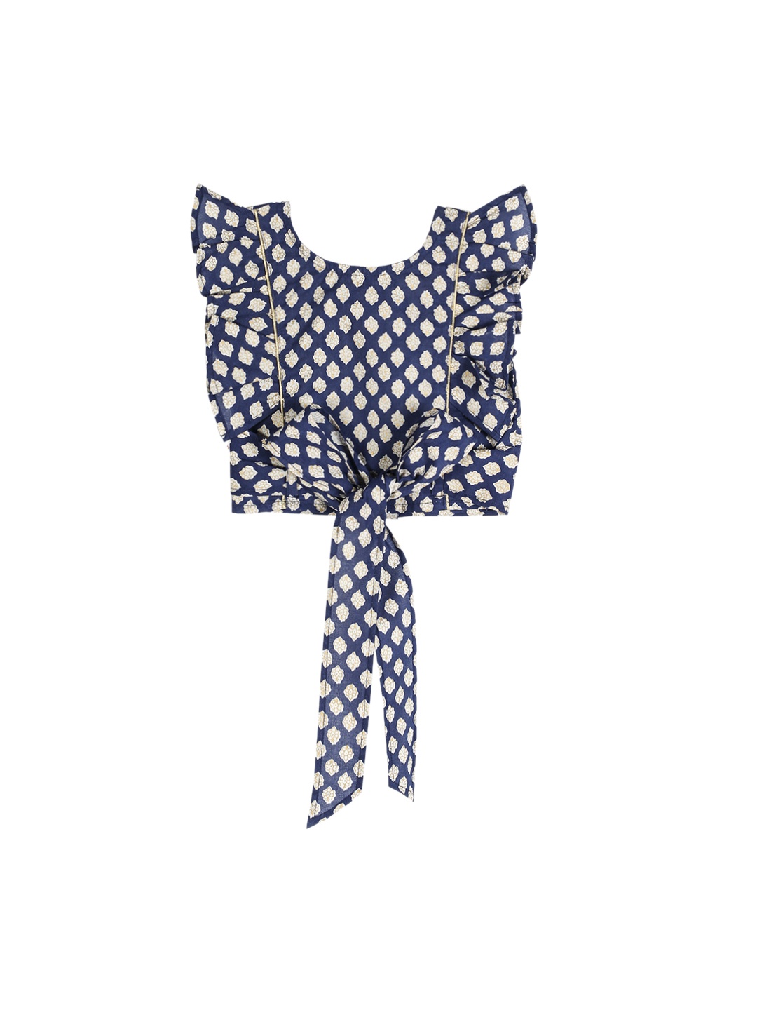 

My Little Lambs Girls Navy Blue & Beige Printed Ethnic Crop Pure Cotton Top