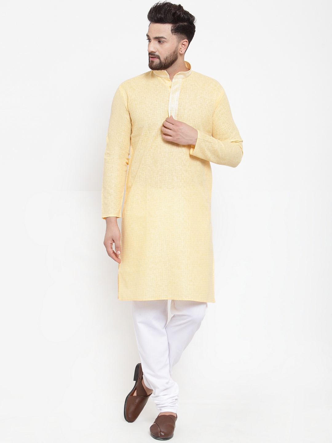 

Jompers Men Yellow & White Self Design Kurta with Churidar
