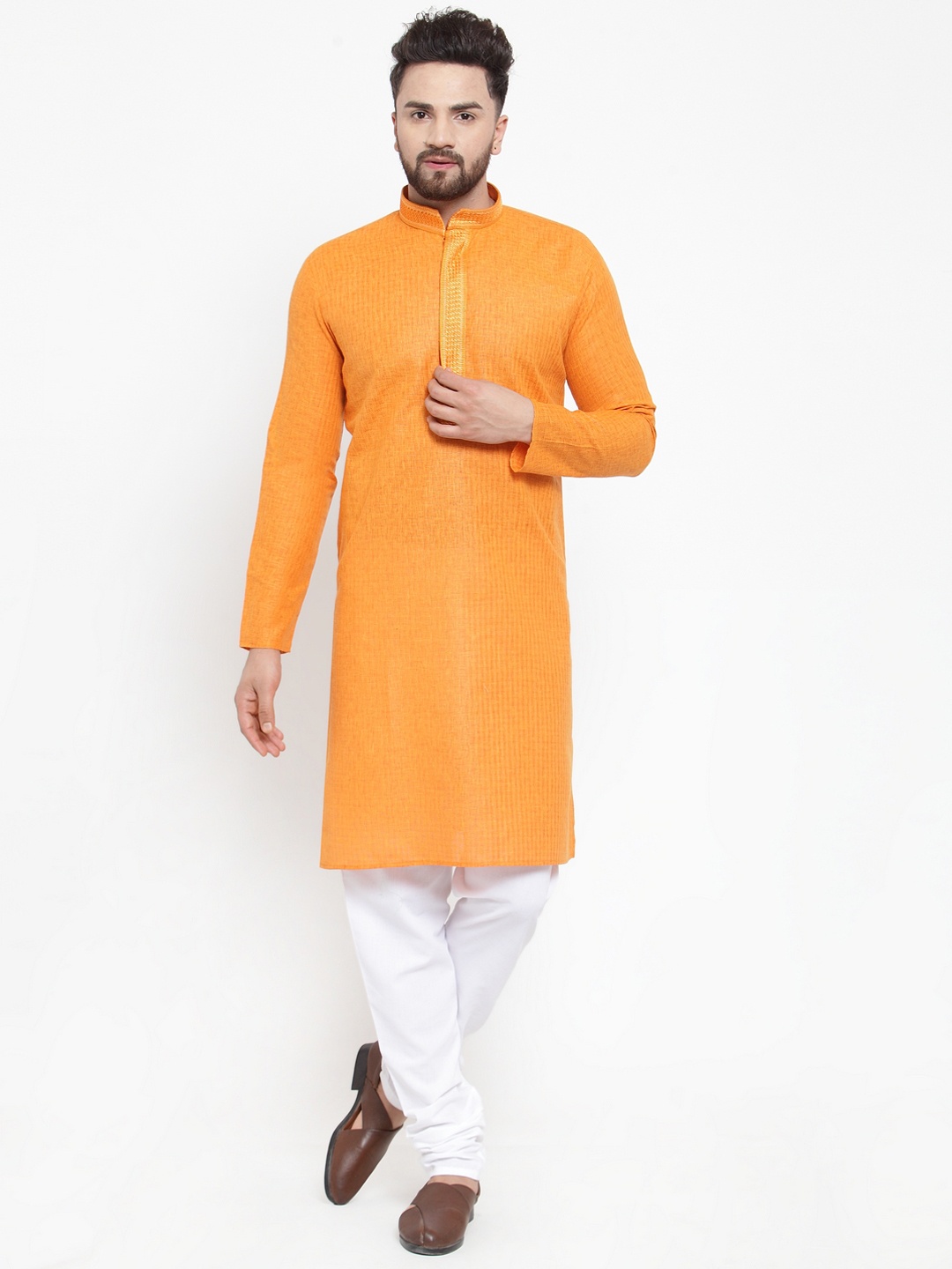 

Jompers Men Orange & White Self Design Kurta with Churidar