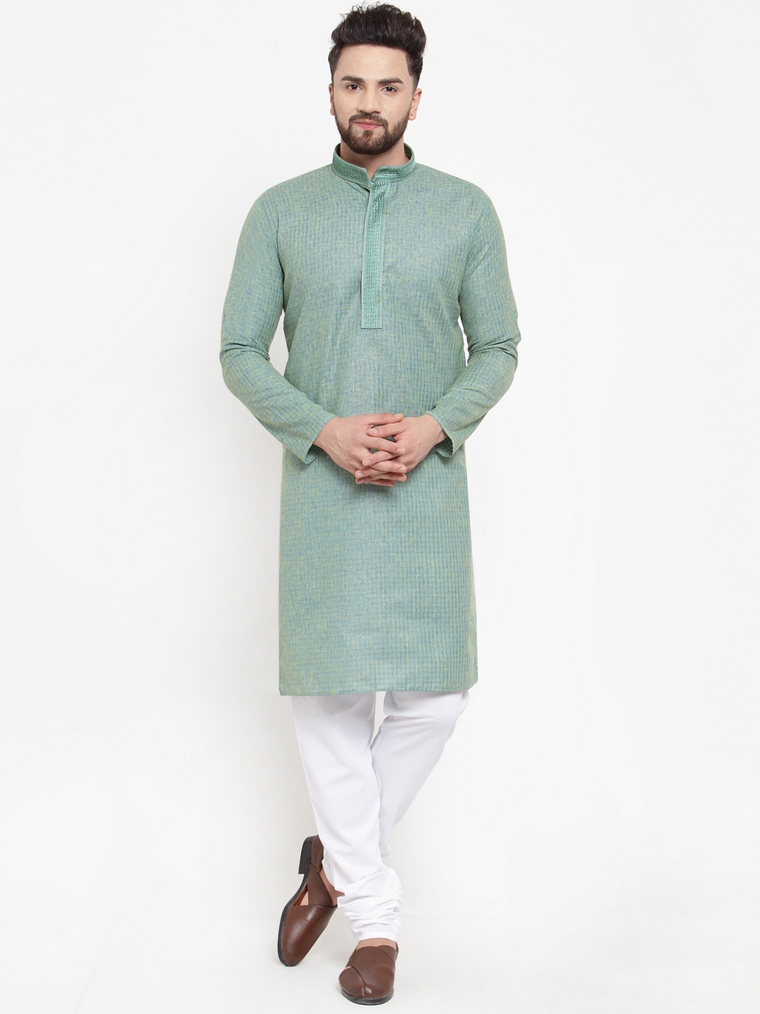 

Jompers Men Sea Green & White Self Design Kurta with Churidar