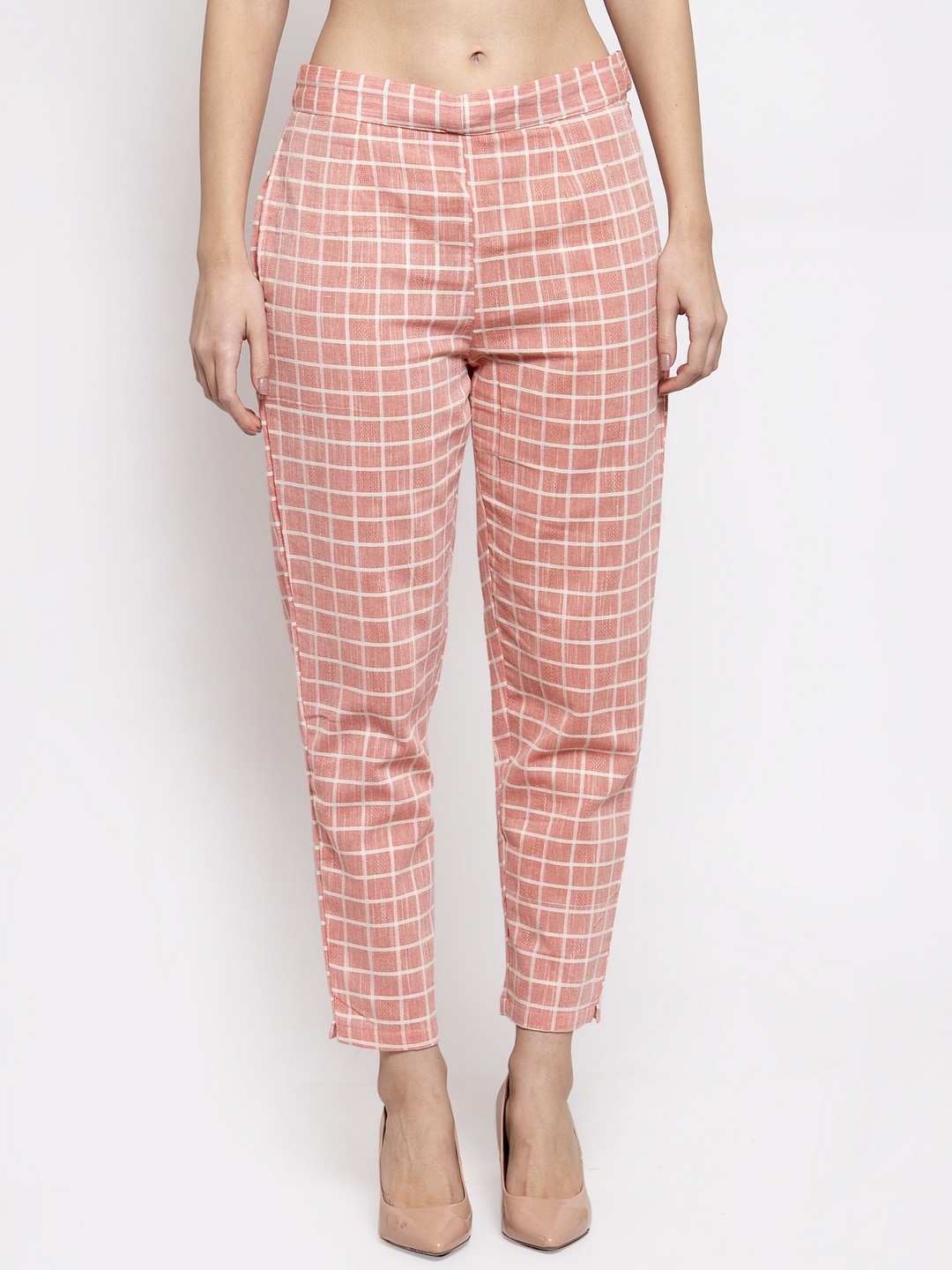 

Indibelle Women Peach-Coloured & White Classic Regular Fit Checked Cigarette Trousers