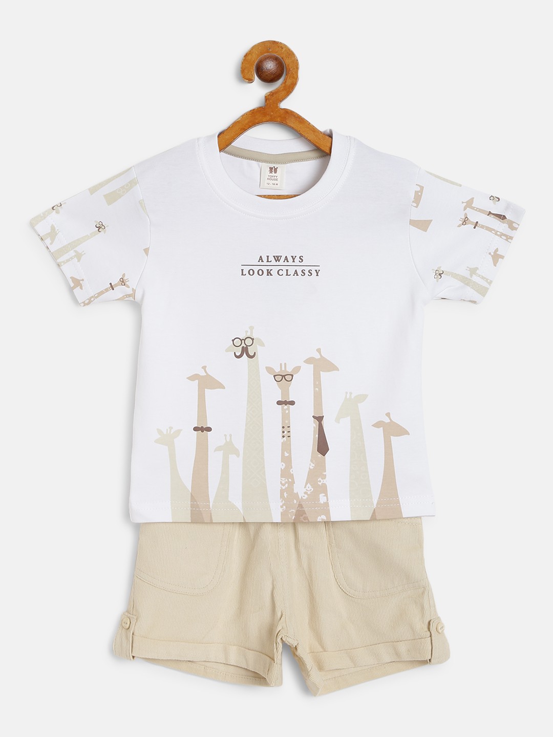 

TOFFY HOUSE Boys White & Beige Giraffe Print T-shirt & Corduroy Shorts