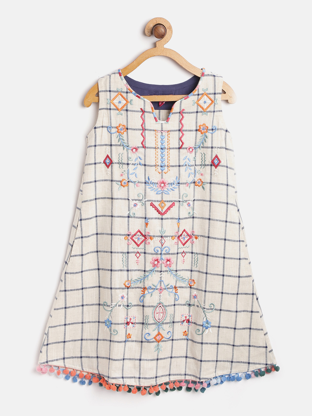 

Biba Girls Beige & Navy Blue Pure Cotton Checked A-Line Dress with Embroidered Detail
