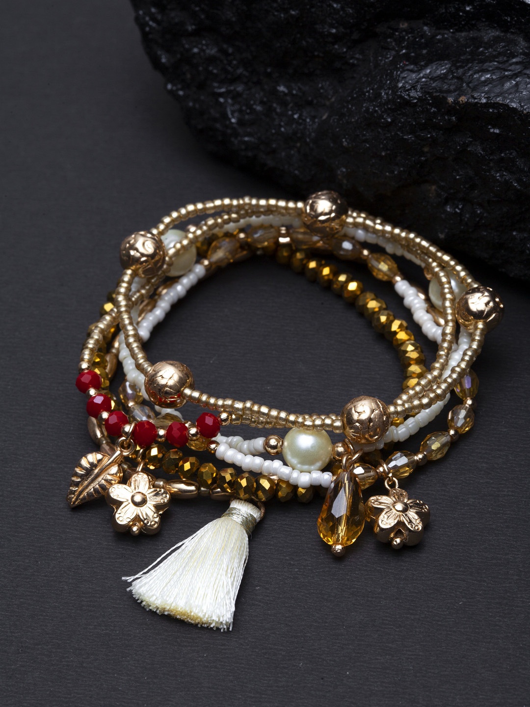 

Madame Set of 6 White & Rose Gold-Plated Elasticated Charm Bracelets