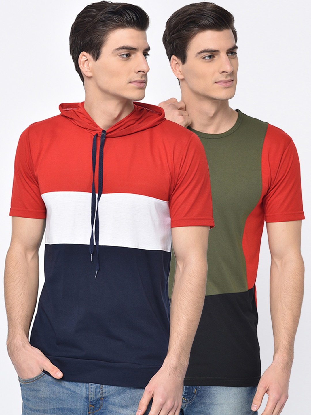 

VIMAL JONNEY Men Pack of 2 Colourblocked Hooded T-shirts, Red