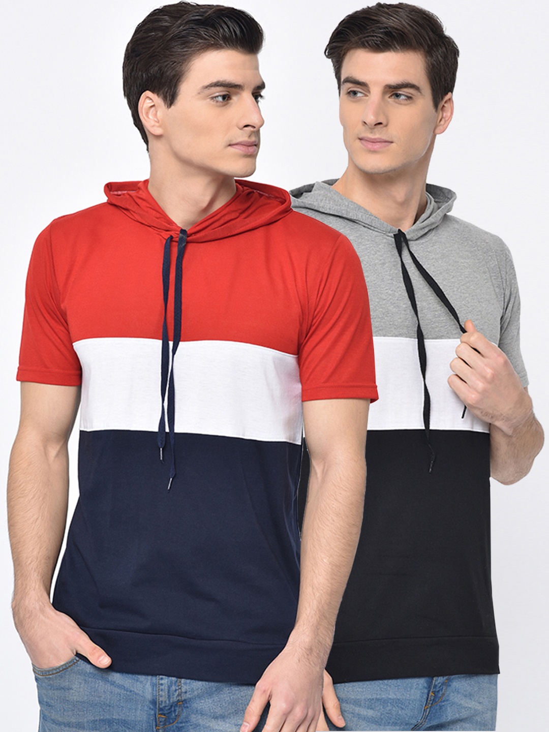 

VIMAL JONNEY Men Pack of 2 Colourblocked Hooded T-shirts, Red