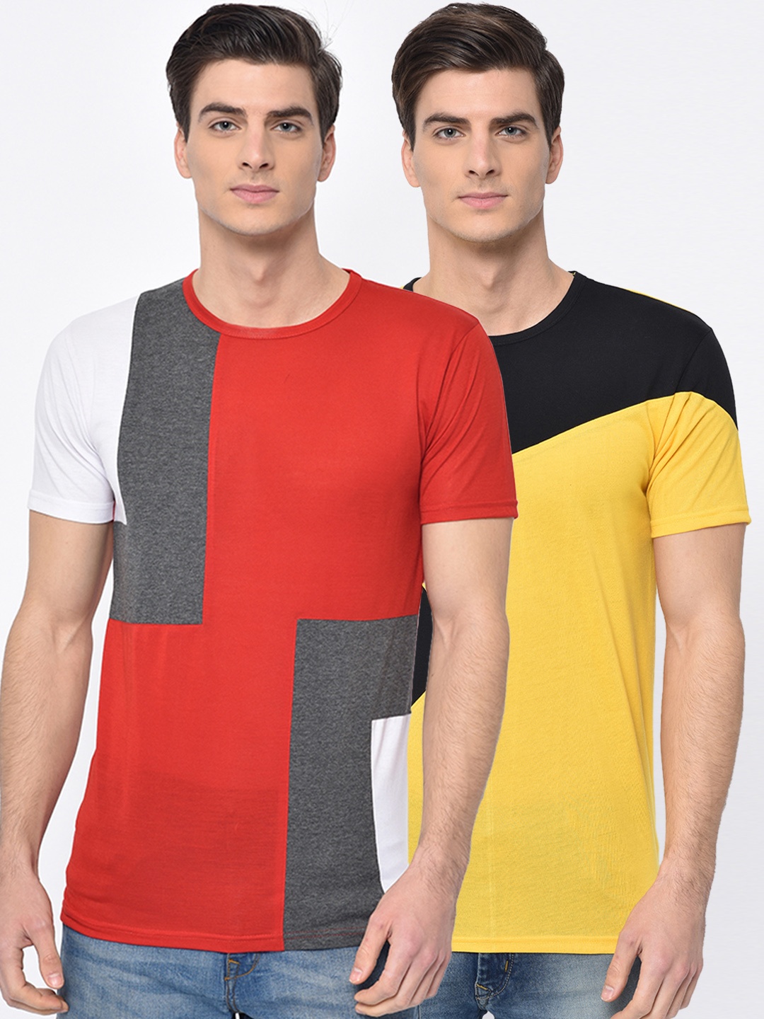

VIMAL JONNEY Men Pack of 2 Colourblocked Round Neck T-shirts, Red