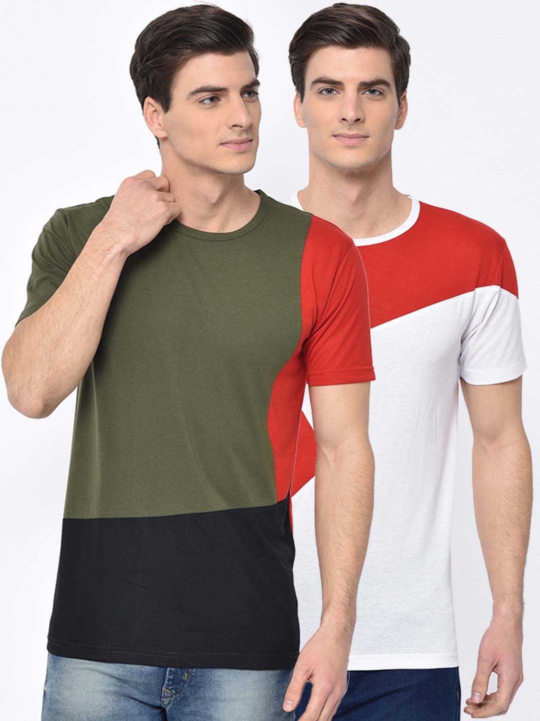 

VIMAL JONNEY Men Pack of 2 Colourblocked Round Neck T-shirts, Olive