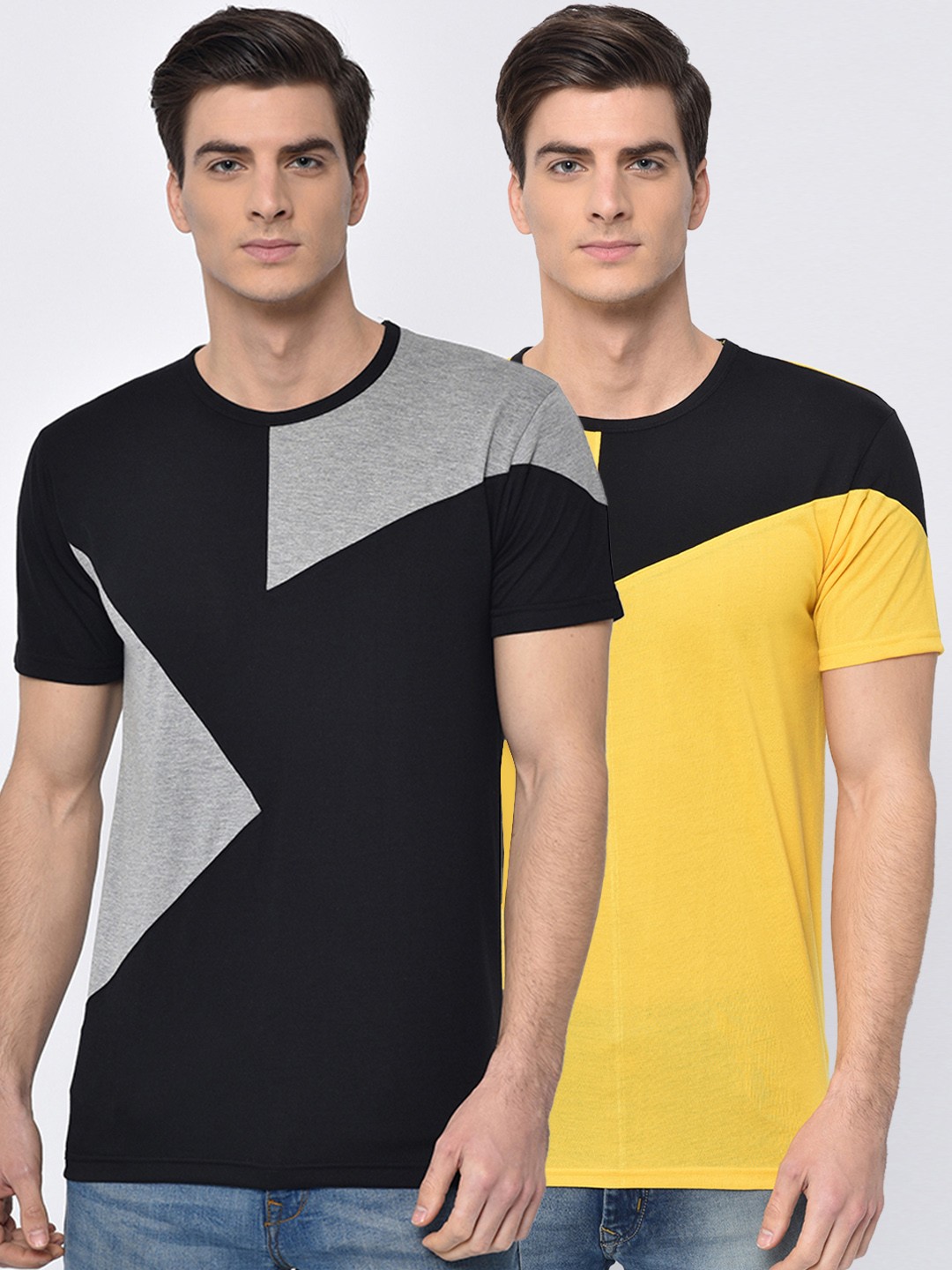 

VIMAL JONNEY Men Pack of 2 Colourblocked Round Neck T-shirts, Black