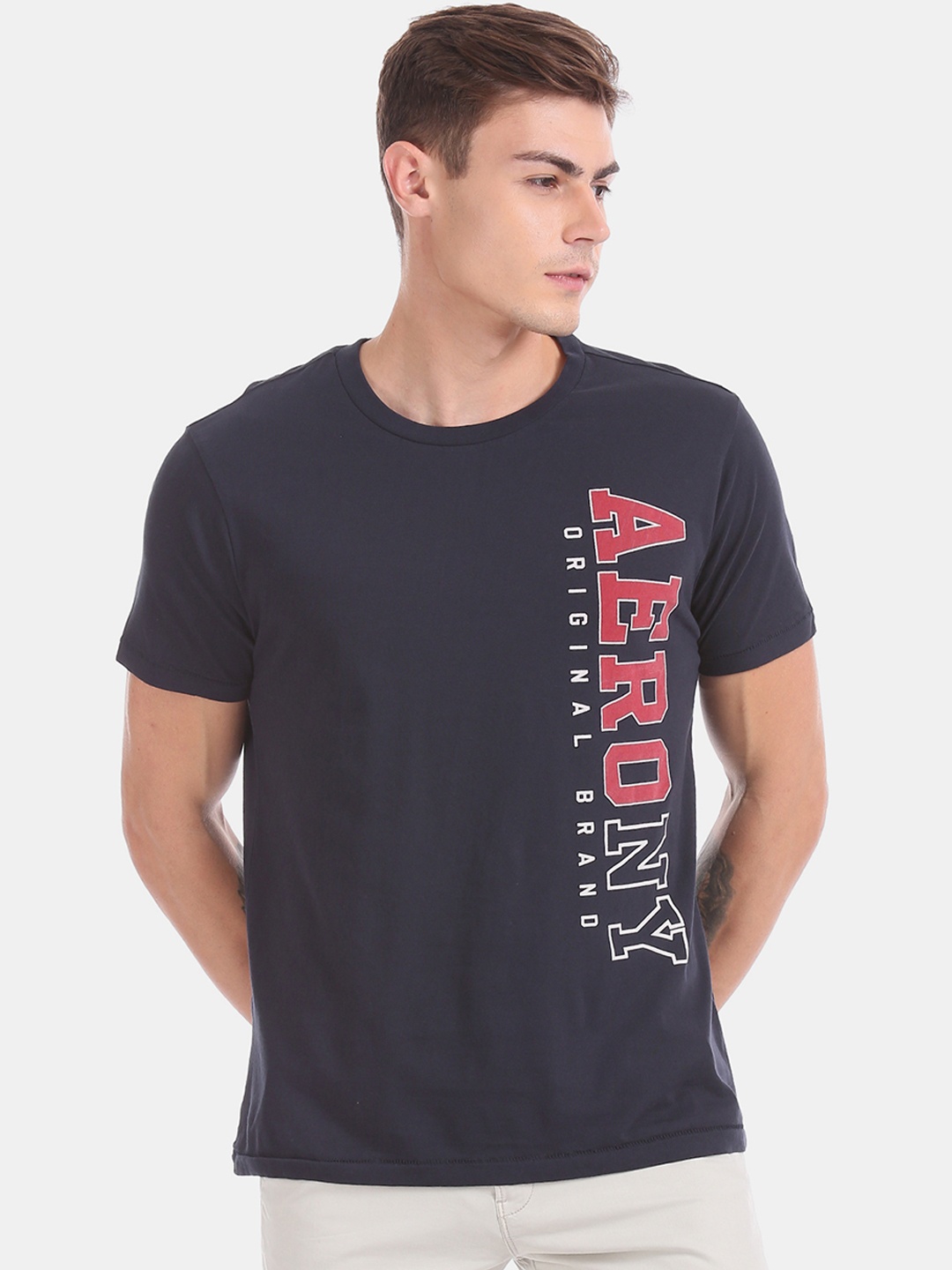 

Aeropostale Men Navy Blue Printed Round Neck Pure Cotton T-shirt