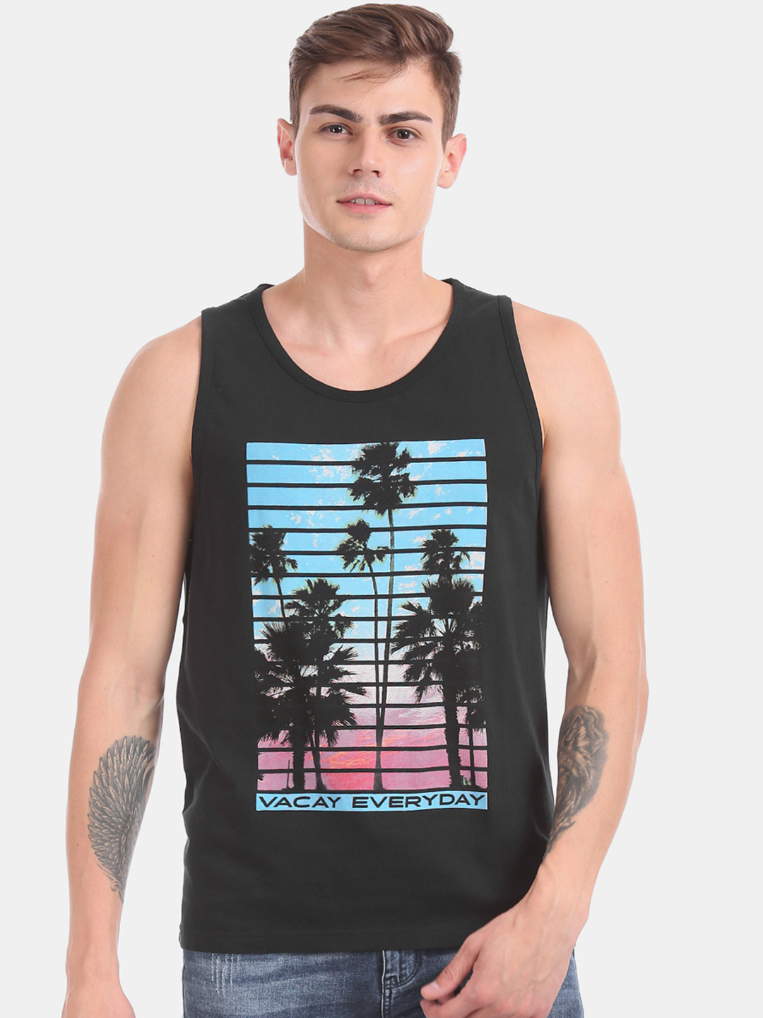 

Aeropostale Men Black Printed Round Neck Sleeveless Pure Cotton T-shirt