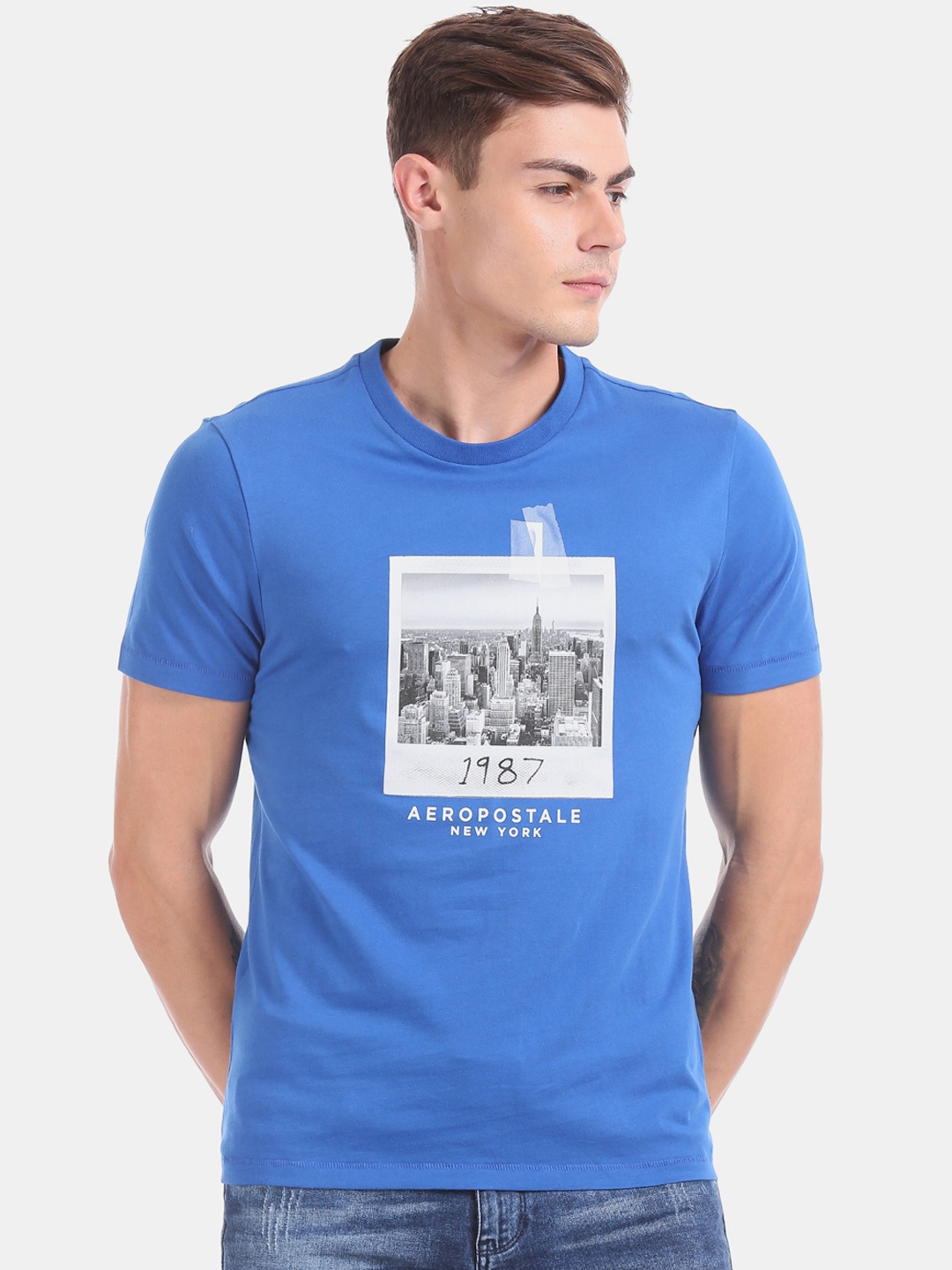 

Aeropostale Men Blue Grey Printed Round Neck Pure Cotton T-shirt