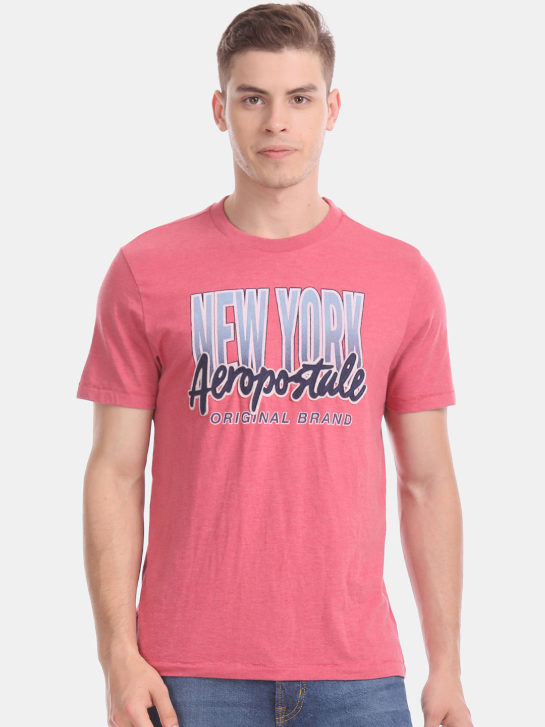 

Aeropostale Men Pink Blue Printed Round Neck Pure Cotton T-shirt