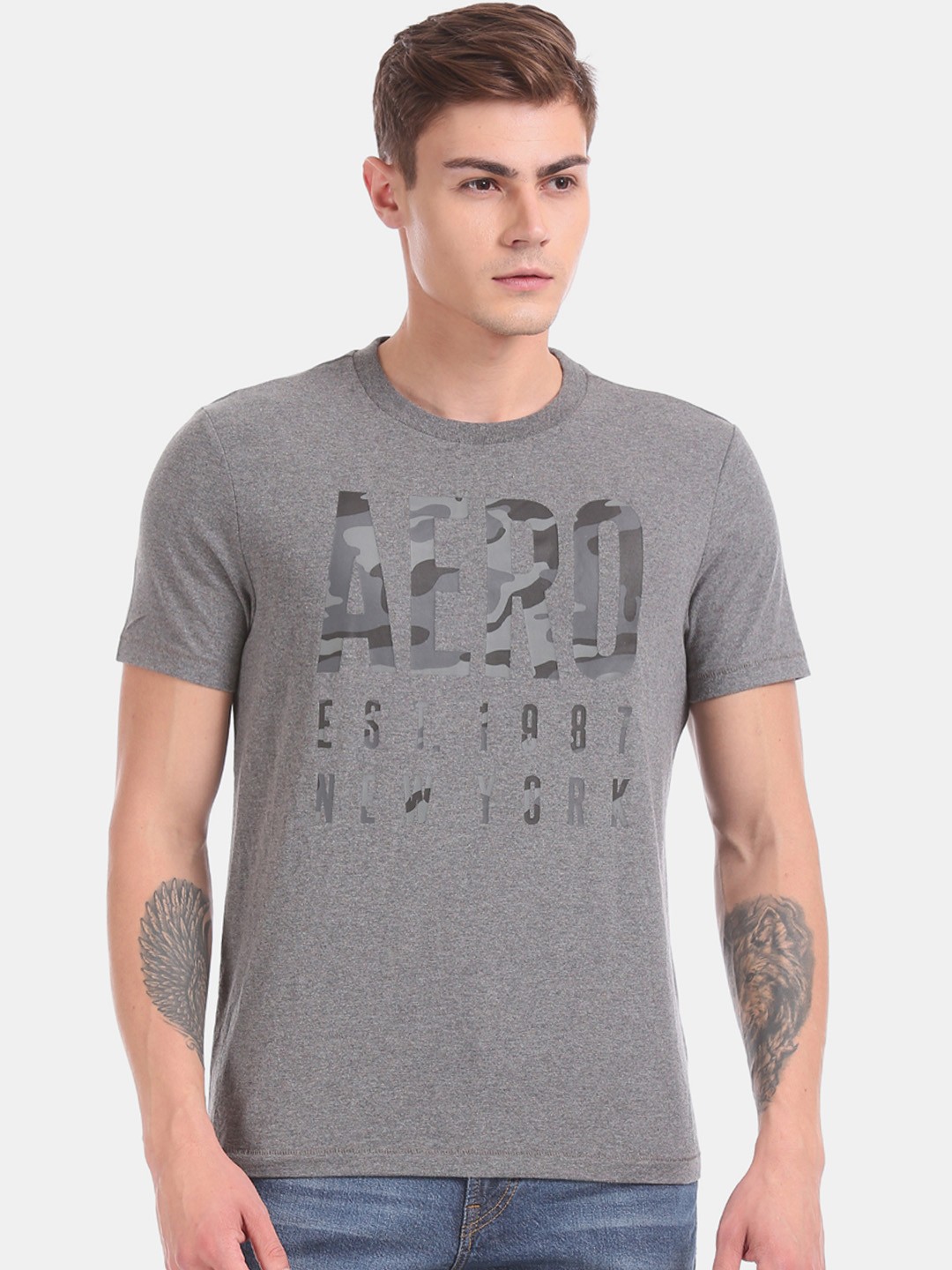 

Aeropostale Men Grey Printed Round Neck T-shirt
