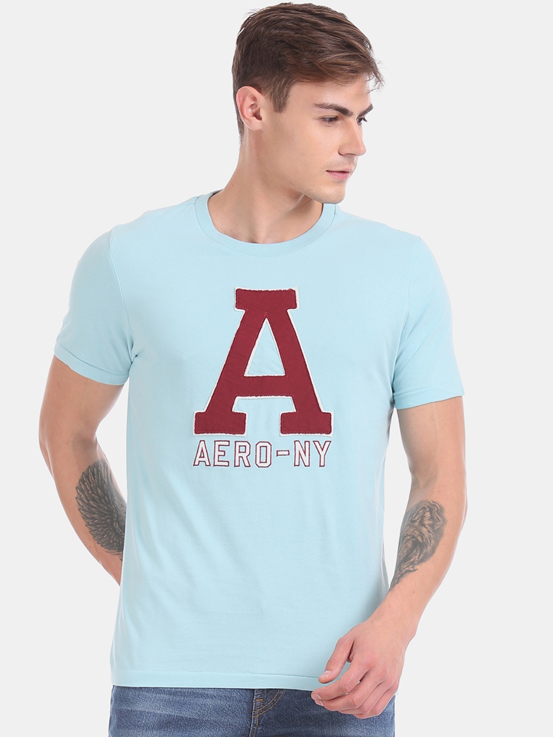 

Aeropostale Men Blue Brand Applique Round Neck Pure Cotton T-shirt