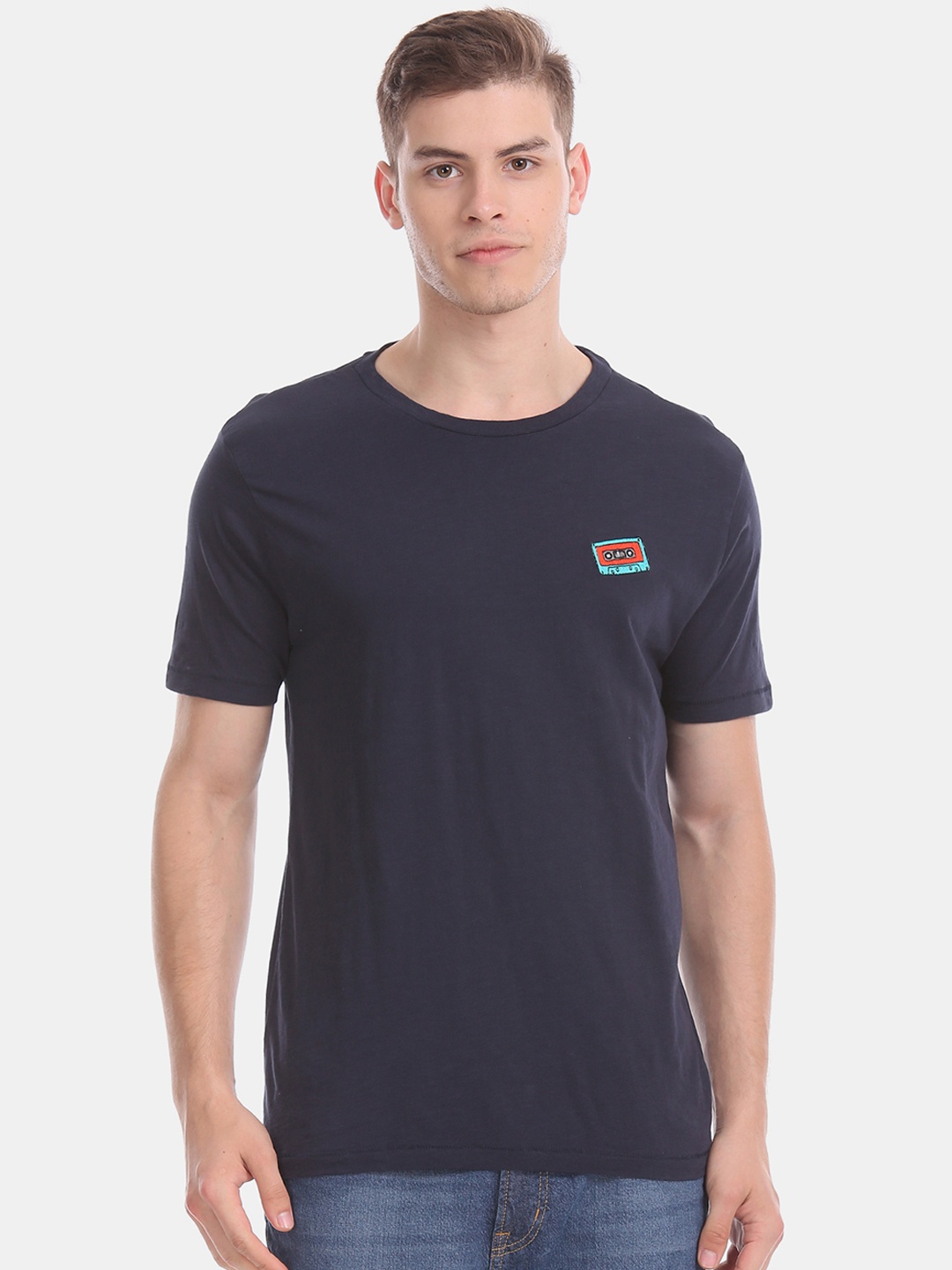 

Aeropostale Men Navy Blue Solid Round Neck Pure Cotton T-shirt