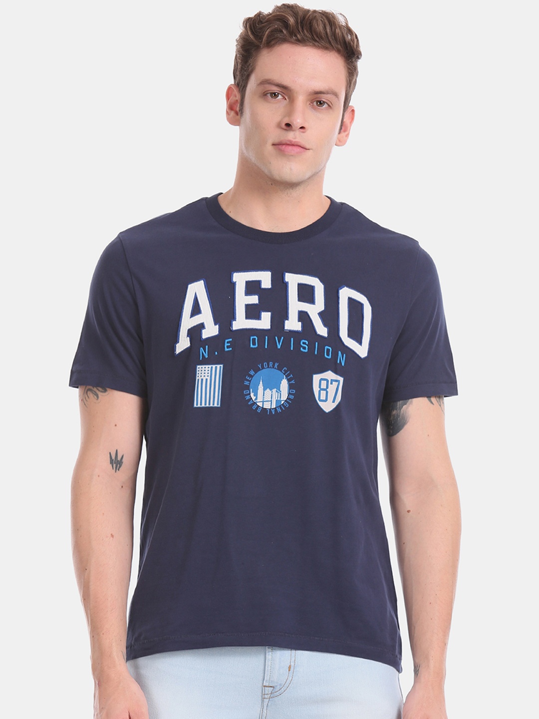 

Aeropostale Men Navy Blue Brand Logo Appliqued Round Neck Pure Cotton T-shirt