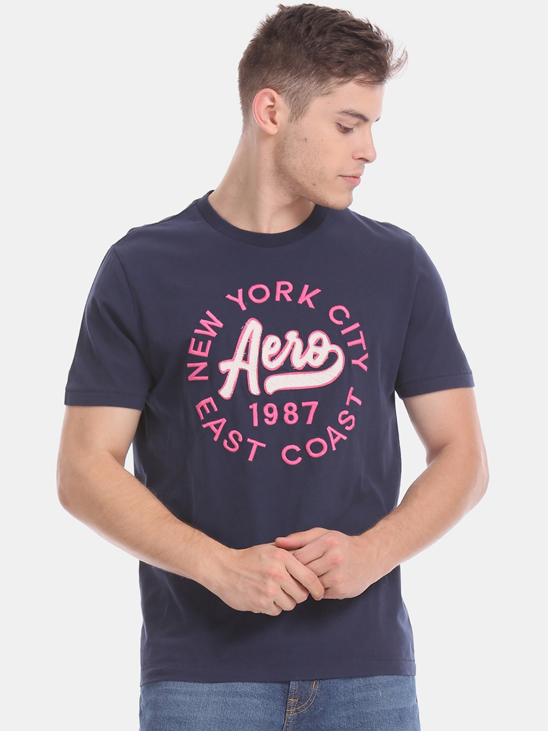 

Aeropostale Men Blue Printed Round Neck Pure Cotton T-shirt