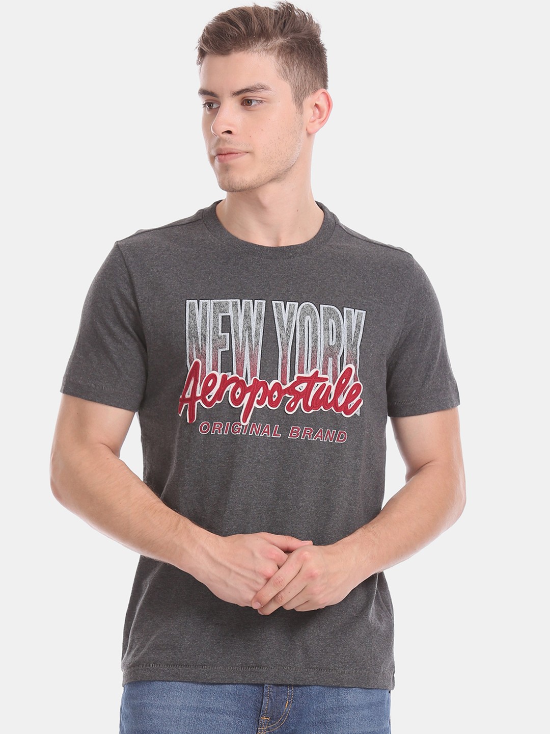 

Aeropostale Men Grey Brand Logo Printed Round Neck T-shirt