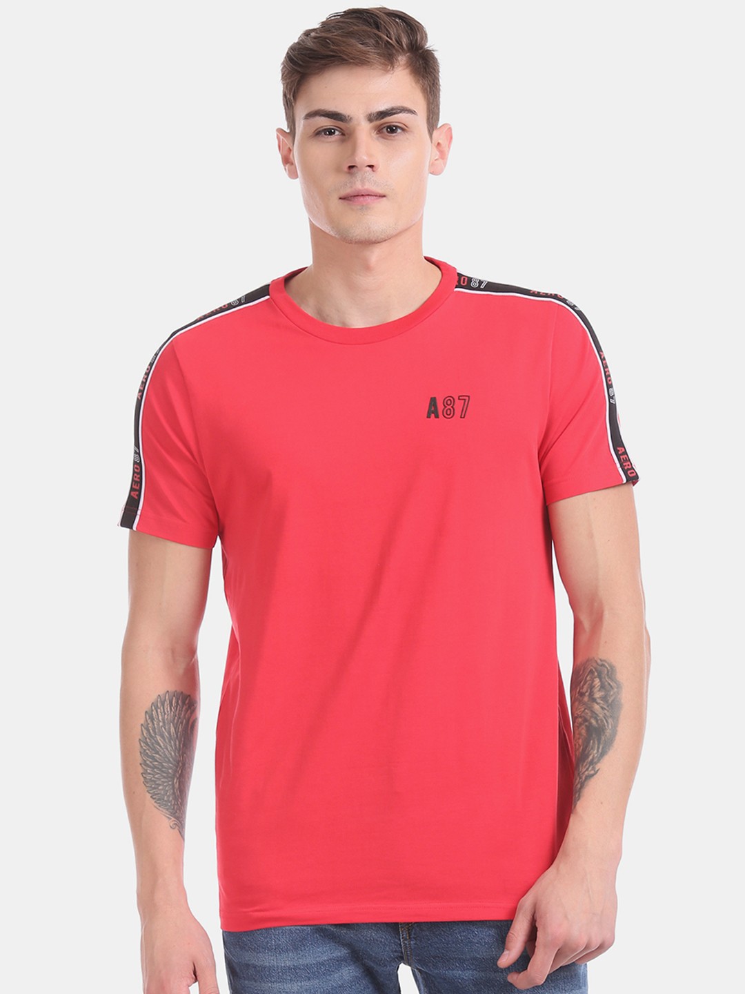 

Aeropostale Men Red Brand Logo Taping Round Neck Pure Cotton T-shirt