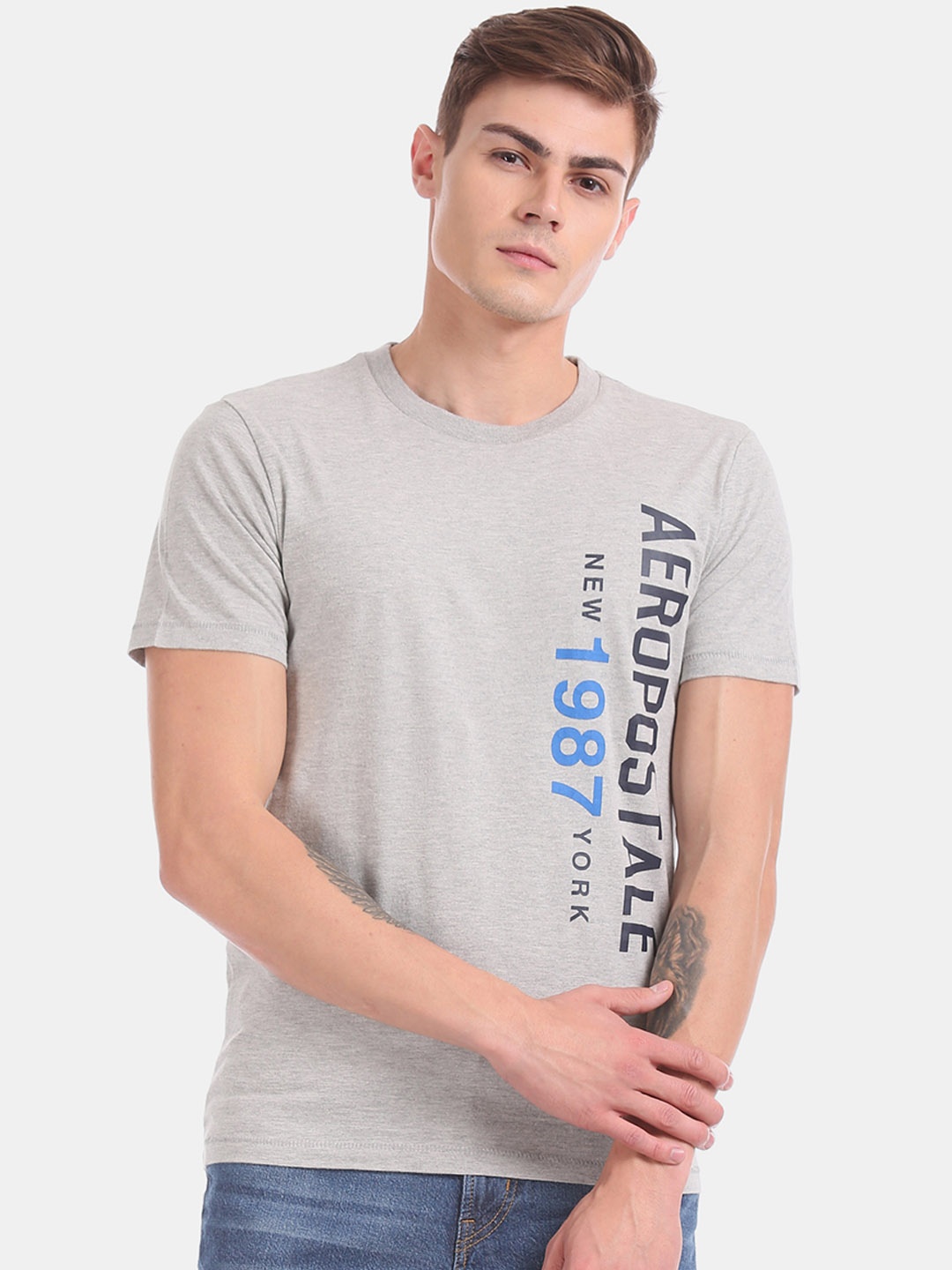 

Aeropostale Men Grey Melange Printed Round Neck T-shirt