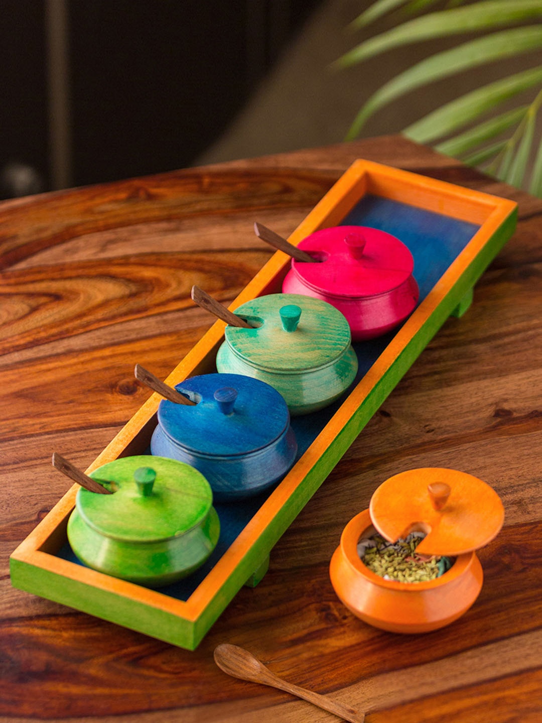 

ExclusiveLane Multicoloured Refreshement Wooden Jars Set With Tray & Spoons, Green