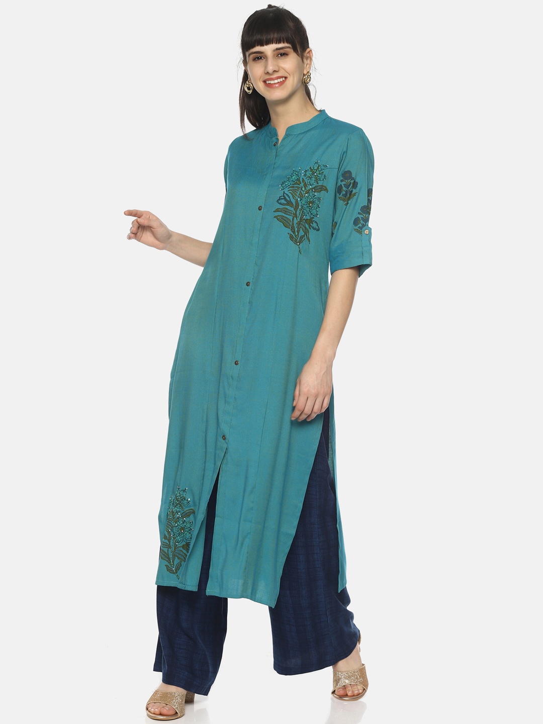 

La Bele Women Teal Printed Straight Kurta