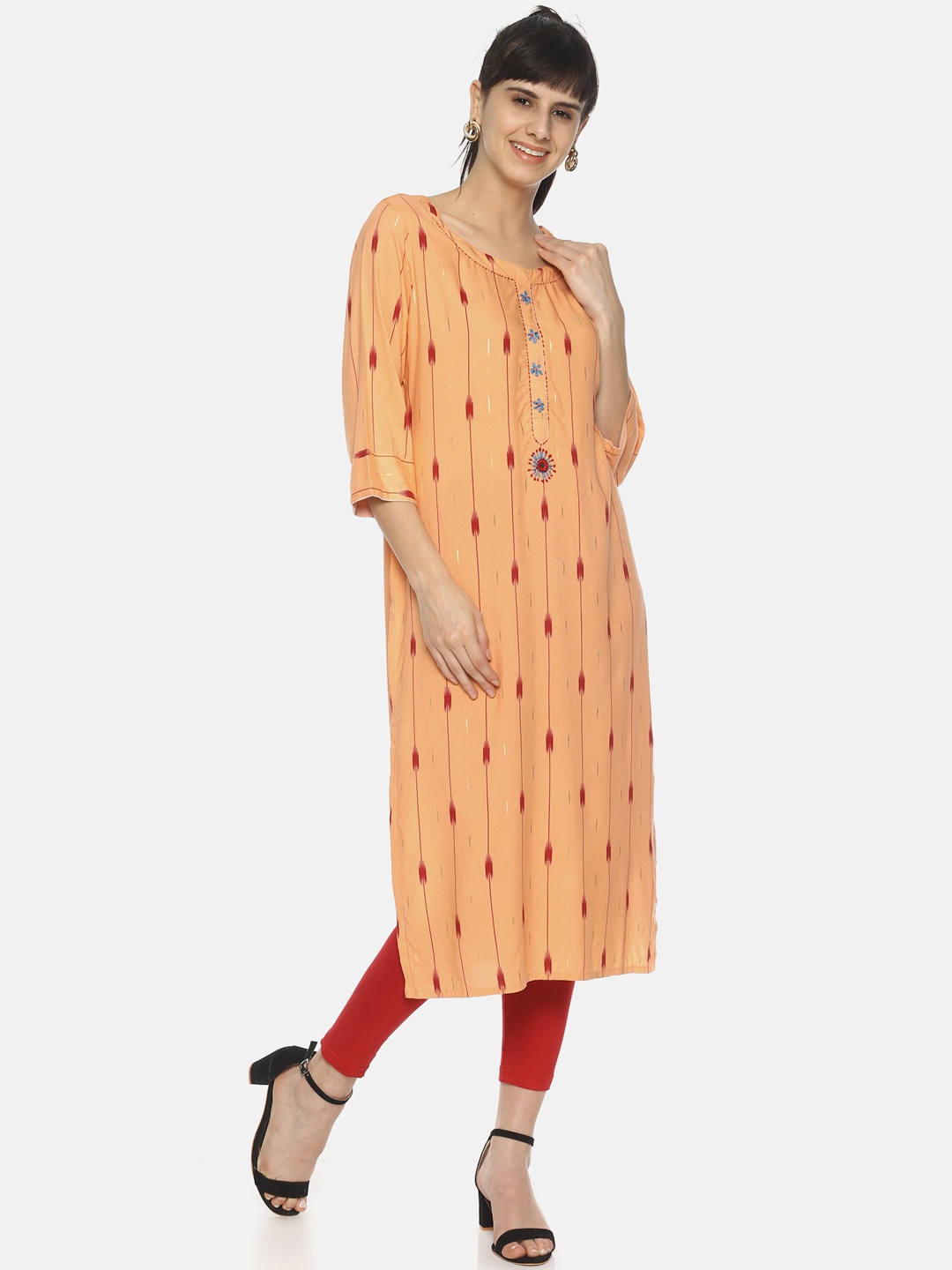 

La Bele Women Peach-Coloured & Red Printed Straight Kurta